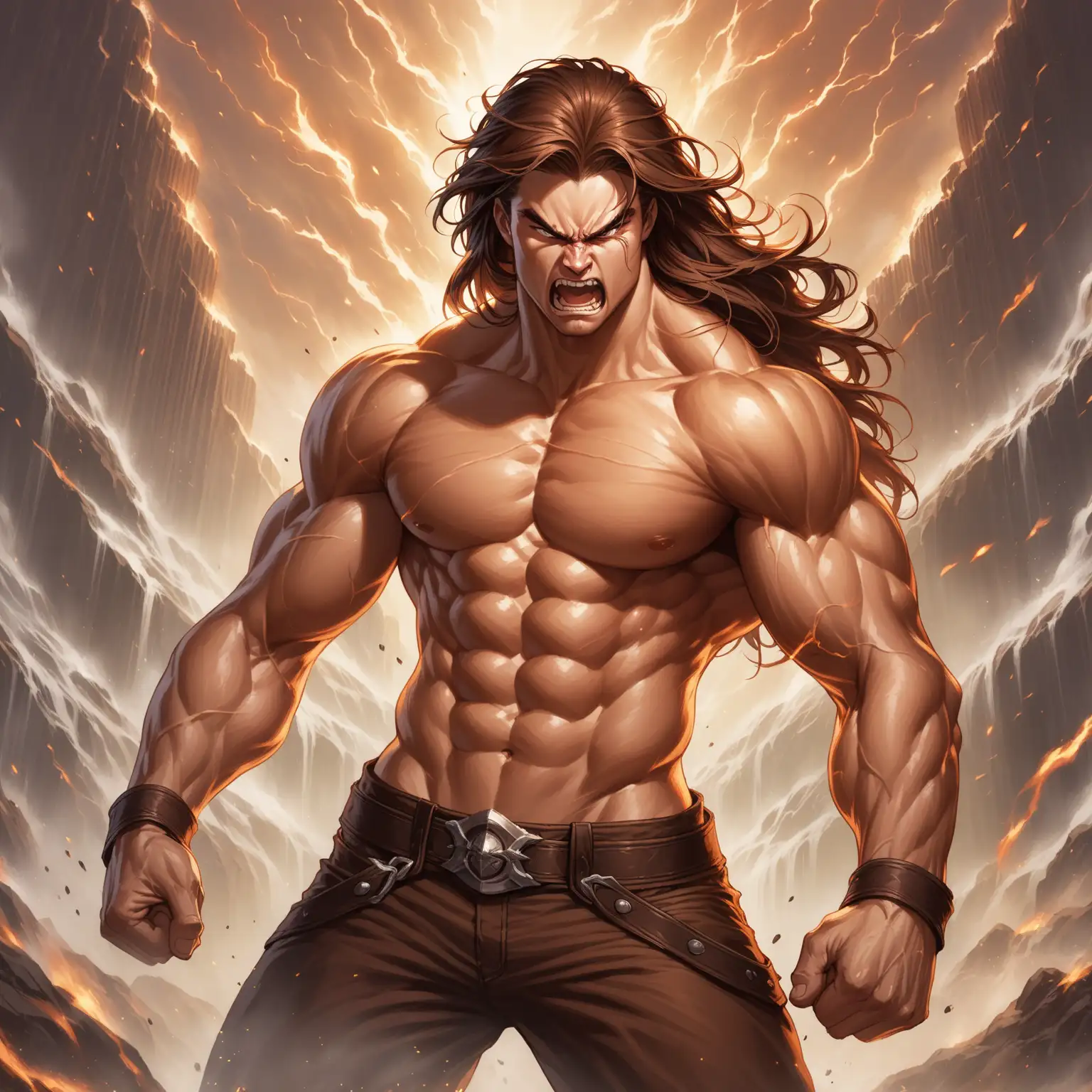 Furious Muscular Young Man with Long Brown Hair Fantasy Art