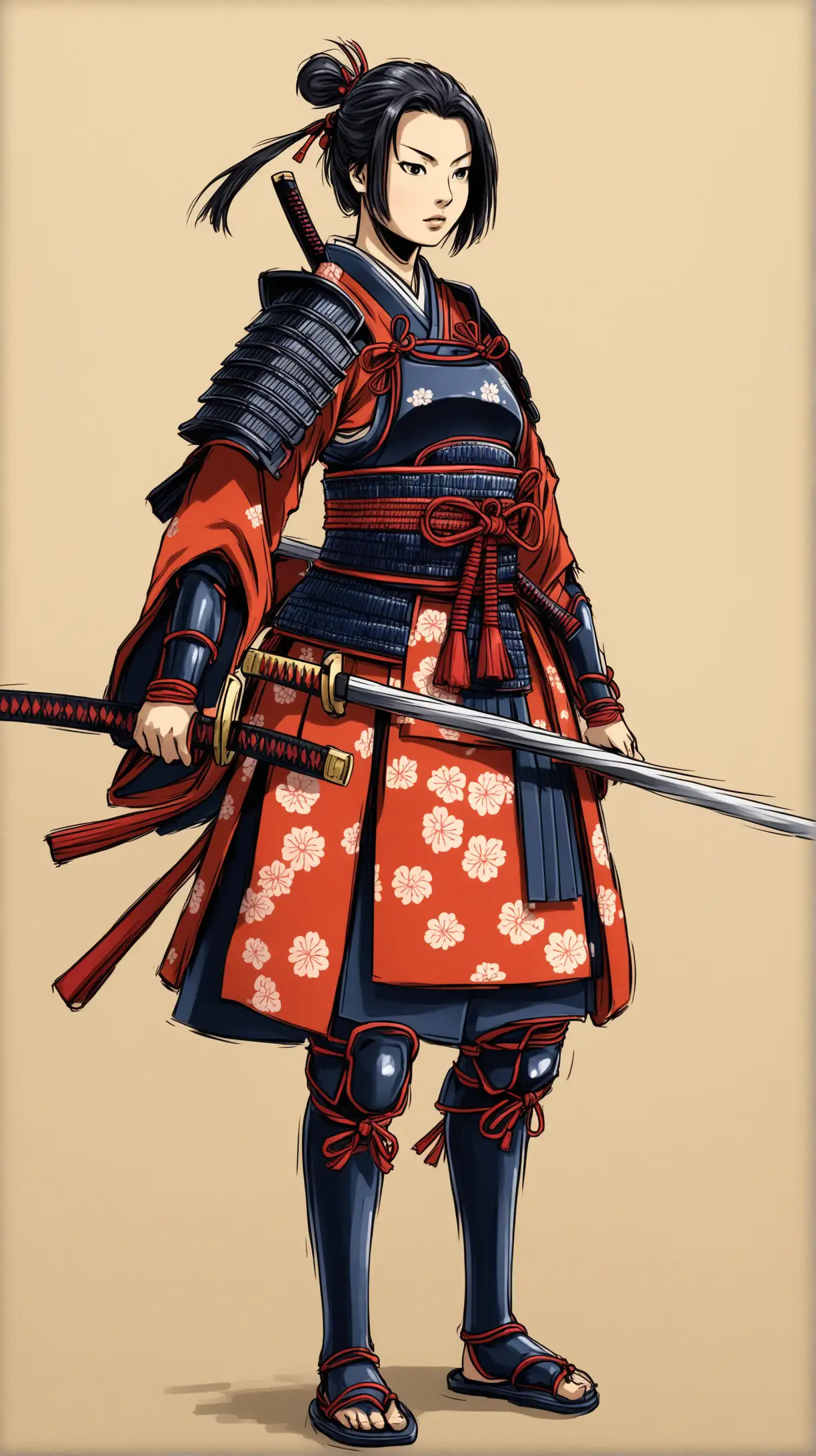female samurai in a short traditional dress