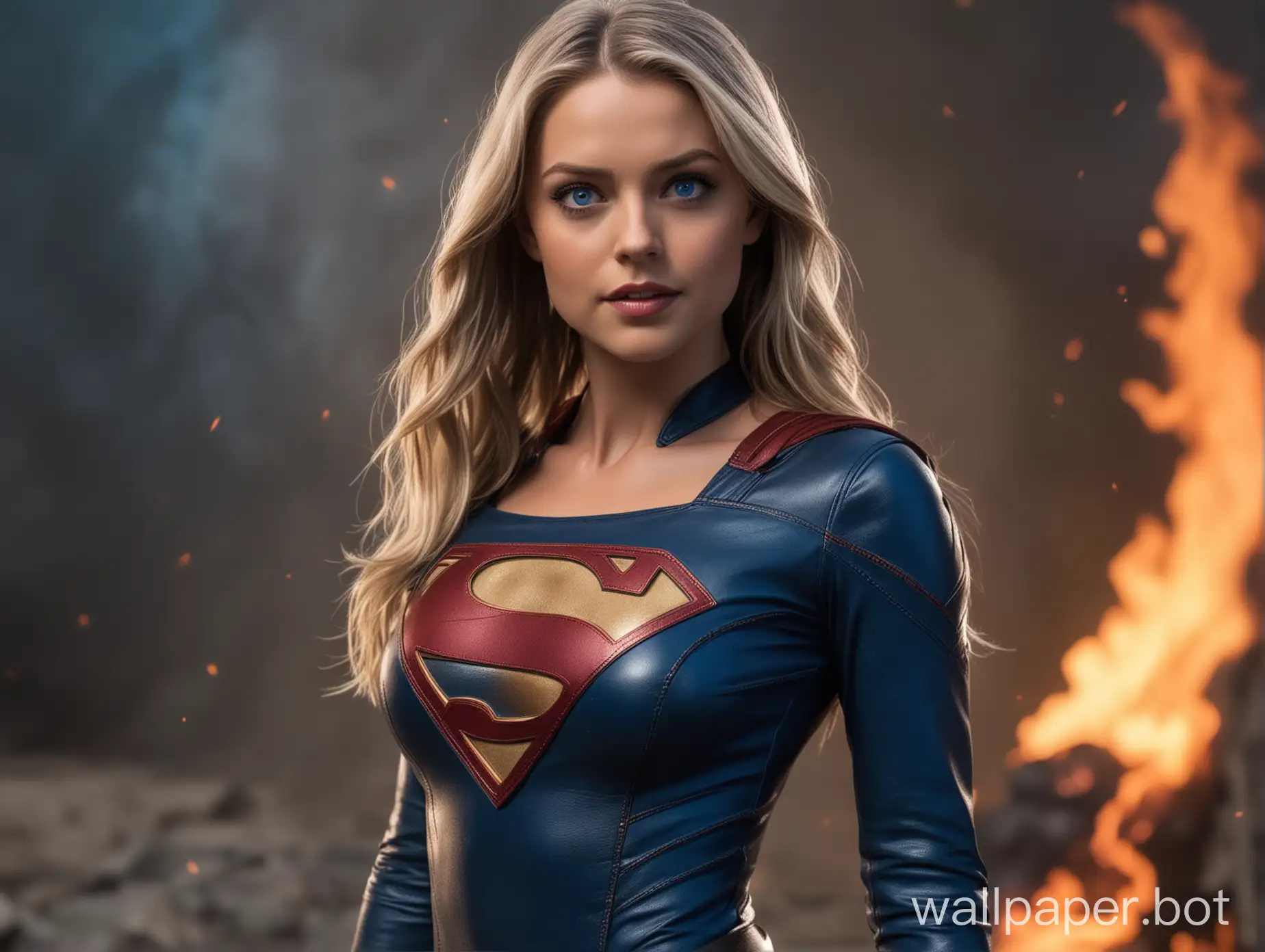 supergirl in leather bodysuit, full height, bright blue eyes, whole body on fire, fire in the background