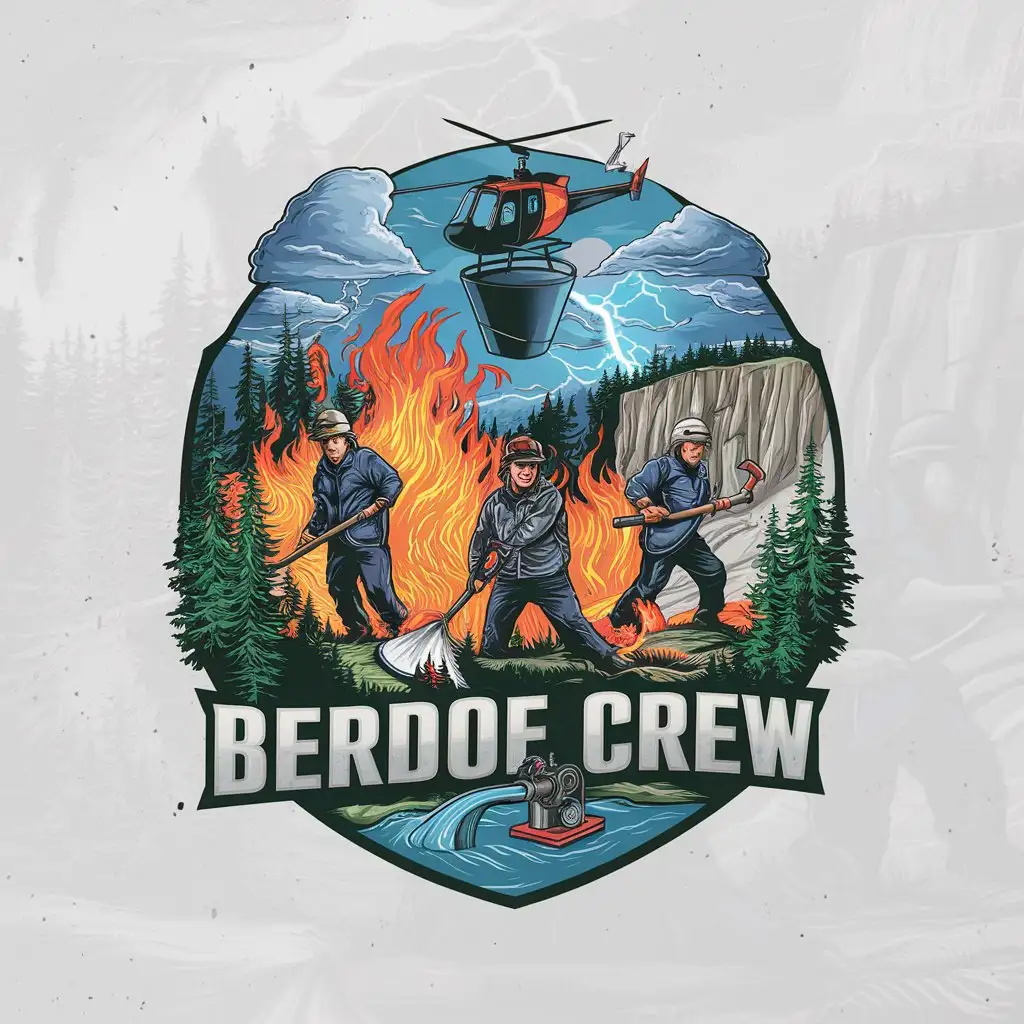 a logo design,with the text "Berdoe Crew", main symbol:3 wildfirefighters fighting fire that is spreading through spruce trees on a mountain, include cloud and lightening and a helicopter with a bucket flying overhead, attached to the center of the bottom of the helicopter include a firefighting water bucket, include a water pump with a hose going all the way to the fire and a river connected to a lake. include 1 member holding a hose and nozzle with the others nearby using hand tools, one a shovel and one a axe. Logo on fire and sharp terrain on the mountains including a cliff. the bucket should be under the very center of the helicopter and smooth like a large rubber bag kinda,complex,clear background