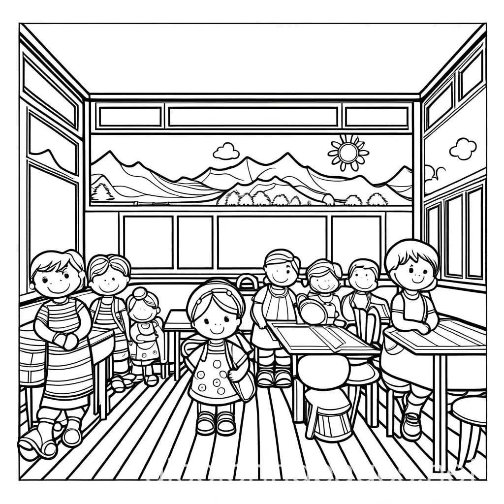 kindergarten kids who are courteous"coloring page, Coloring Page, black and white, line art, white background, Simplicity, Ample White Space. The background of the coloring page is plain white to make it easy for young children to color within the lines. The outlines of all the subjects are easy to distinguish, making it simple for kids to color without too much difficulty
