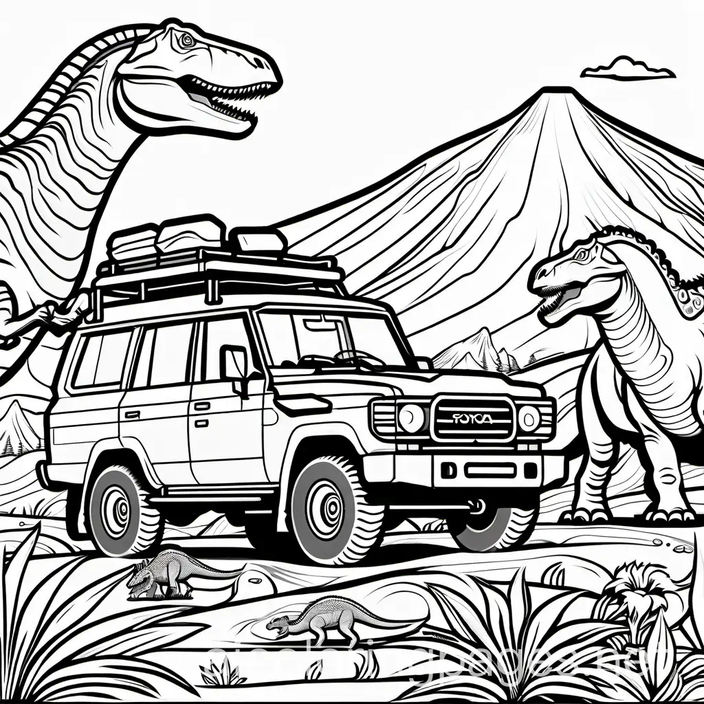 toyota land cruiser and dinosaurs, Coloring Page, black and white, line art, white background, Simplicity, Ample White Space. The background of the coloring page is plain white to make it easy for young children to color within the lines. The outlines of all the subjects are easy to distinguish, making it simple for kids to color without too much difficulty