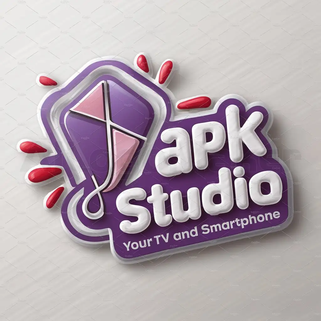 a logo design,with the text "APK Studio", main symbol:Create a logo with purple tones and a cartoonish style using white and red colors to give it a playful feel. Add the text 'APK Studio – Your TV and smartphone' in a rounded, easy-to-read font under the image or around it. The design should be modern, simple, and appealing to both kids and adults, focusing on fun and education. Include an image of a kite or somehow incorporate it into the design.,Moderate,be used in Education industry,clear background