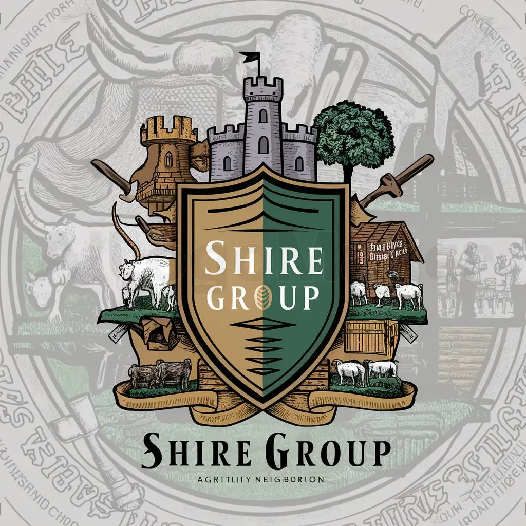 LOGO-Design-For-Shire-Group-Traditional-Green-Emblem-with-Castle-Tree-and-Market-Motifs