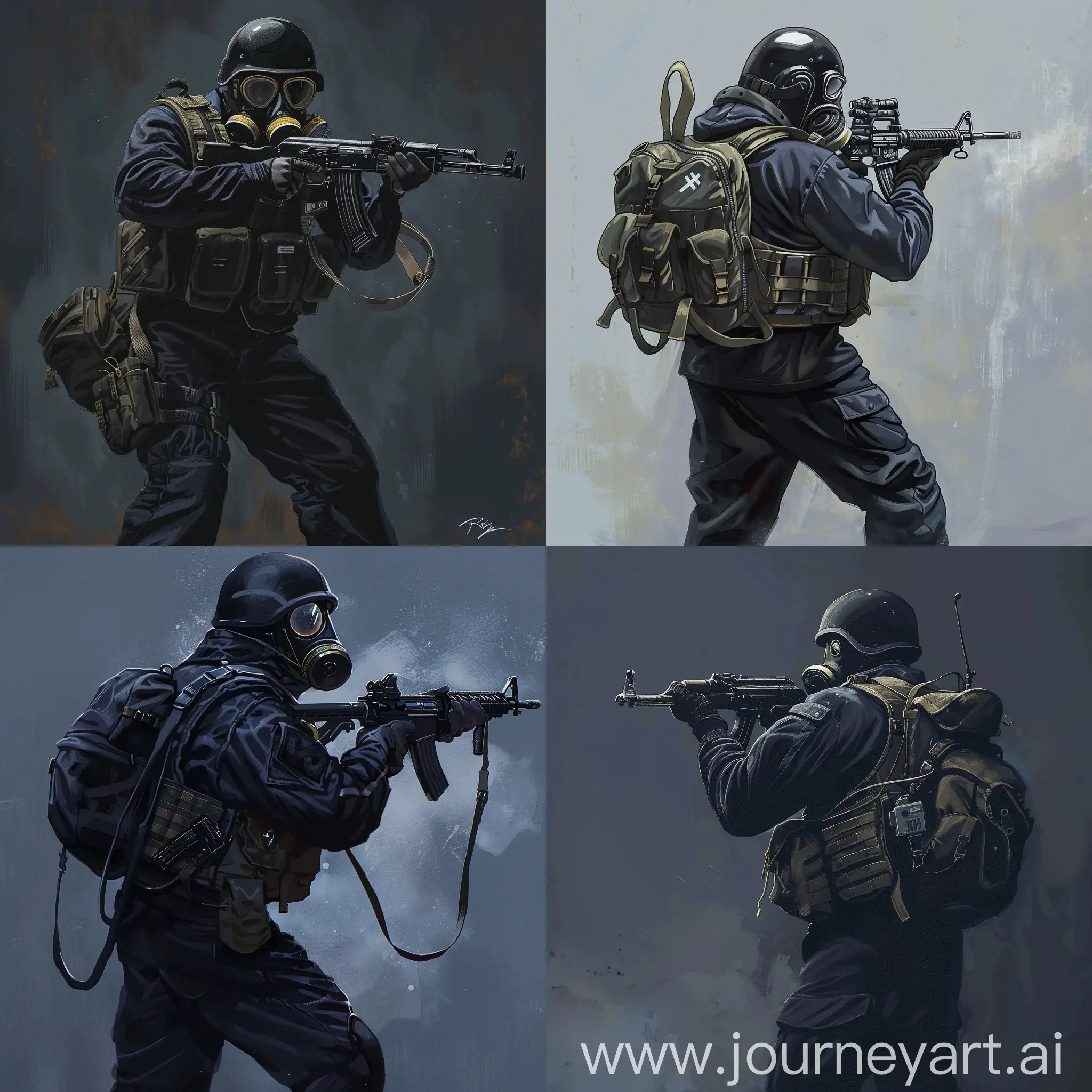 Concept art of a soldier, Dark blue uniform, military bulletproof vest, military unloading, a gas mask on his face, a small military backpack on his back, and an MP-5 weapon in his hands.