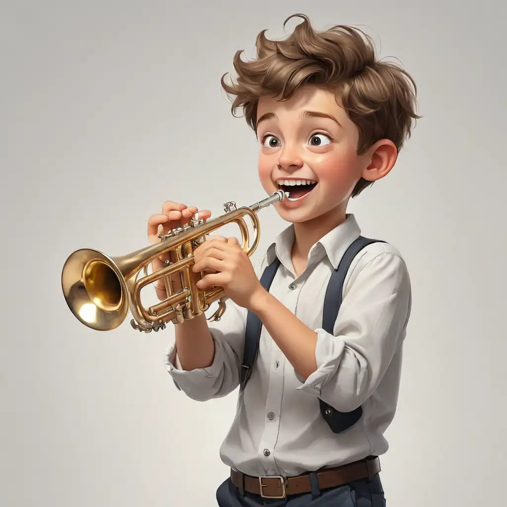 Cheerful Boy Playing Trumpet Realistic Illustration on White Background