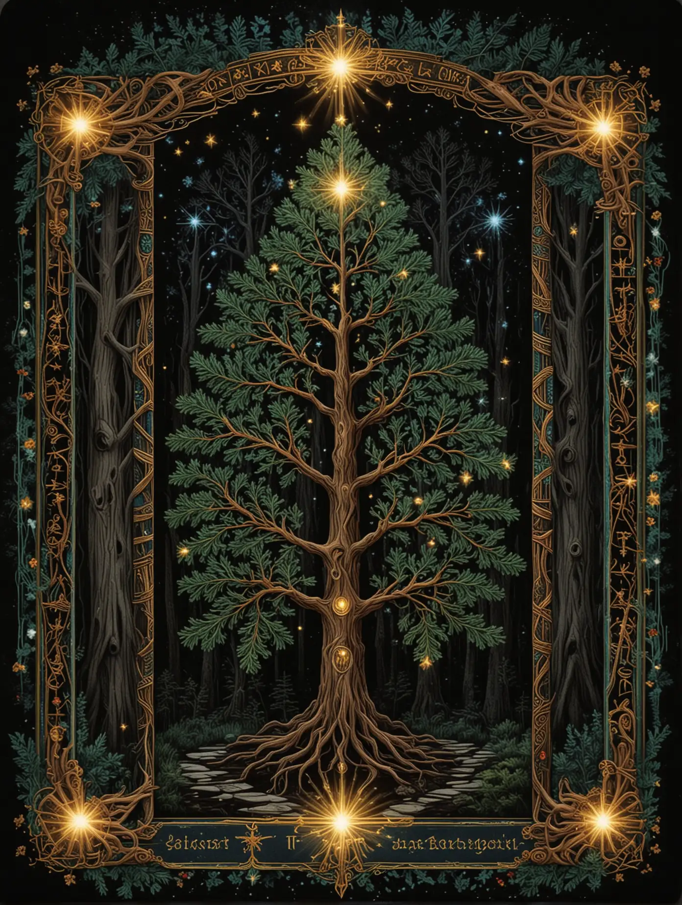 Slavic-Style-Tarot-Card-Illuminated-Fir-Tree-in-Dark-Forest