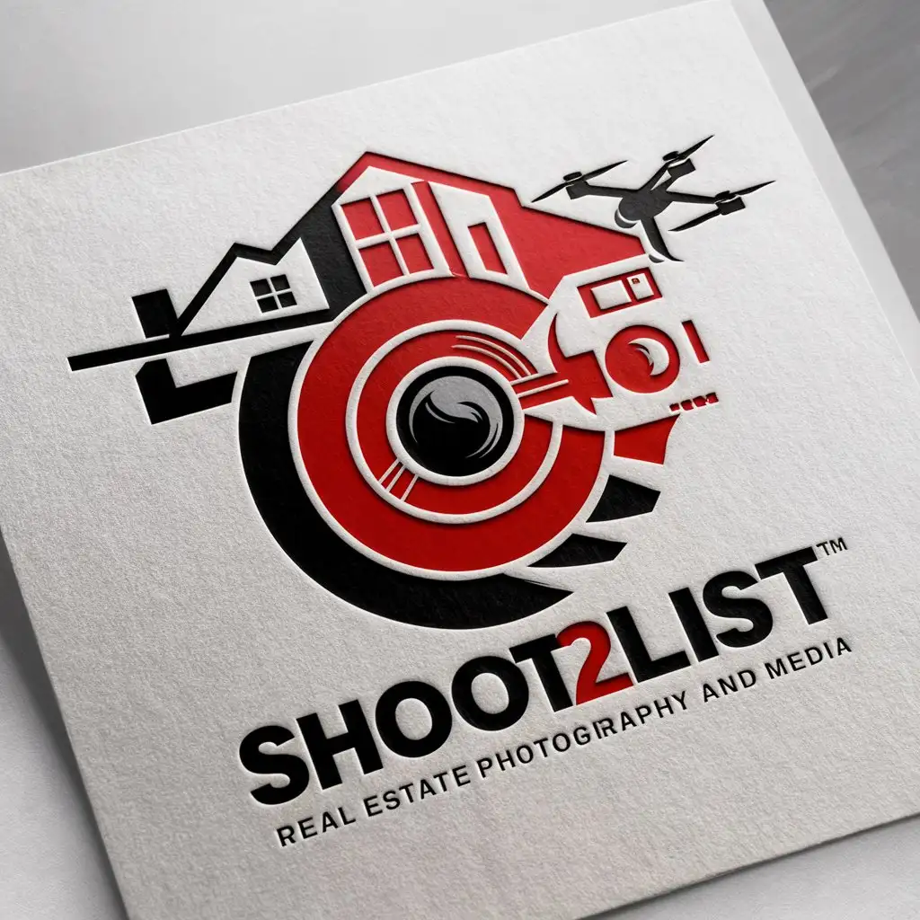 a logo design,with the text "'SHOOT2LIST' real estate photography & media", main symbol:logo would like to includes  camera lens, camera, drone, and house/commercial building blended to make a professional logo. preferred colors red and black. must be white paper mockup,Moderate,clear background