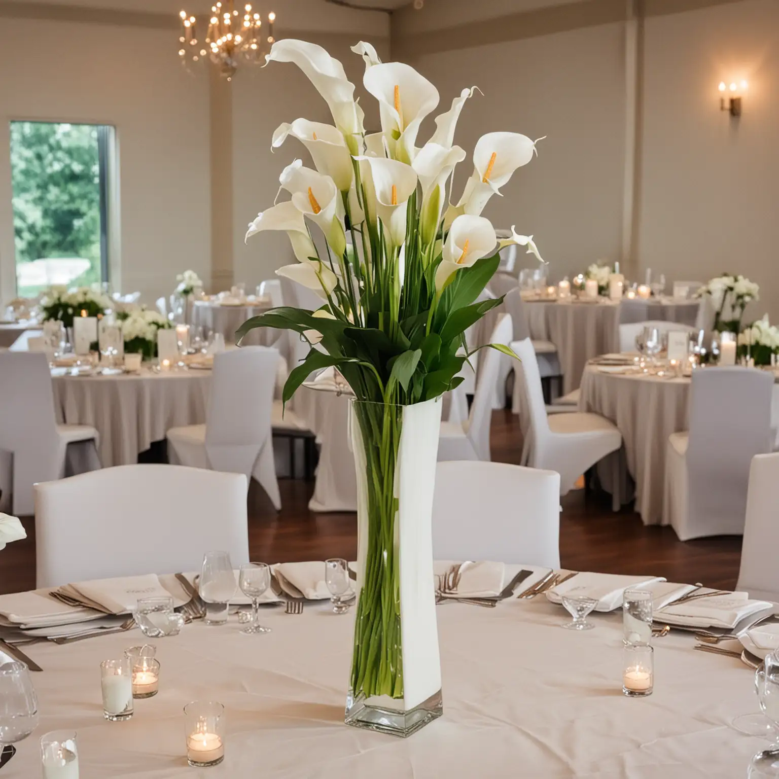 modern wedding centerpiece with a sleek, tall white sleek vase and calla lilies