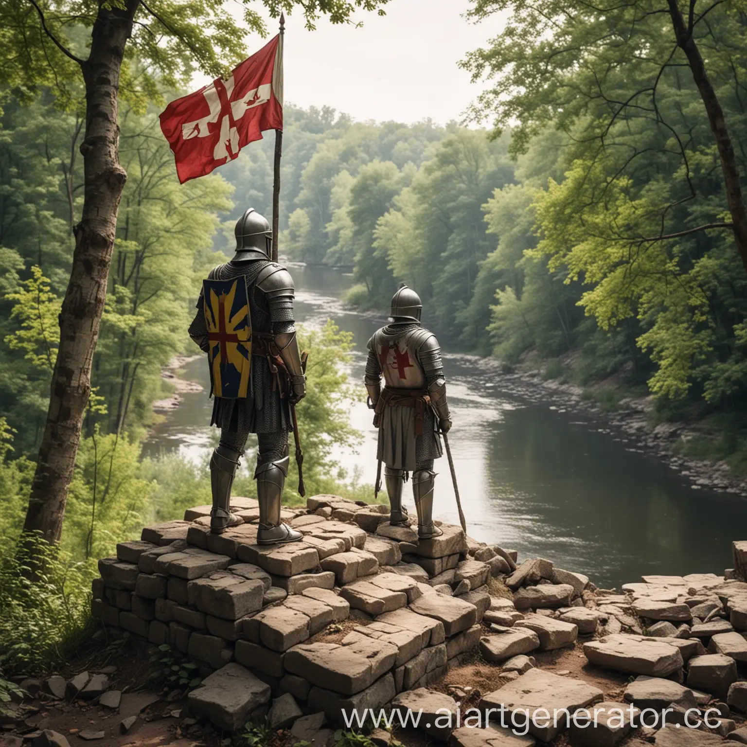 Рыцарь на руинах из каменного кирпича с флагом и видом на лес и реку