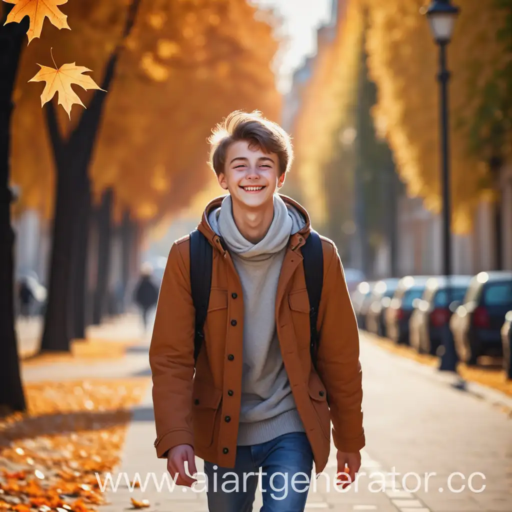Счастливый молодой парень который гуляет на улице осенью и его вилно из далека 