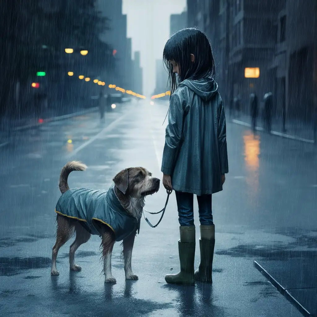 Girl dark hair alone in a city with her dog, Cosmo. no people. Raining. 12 year old