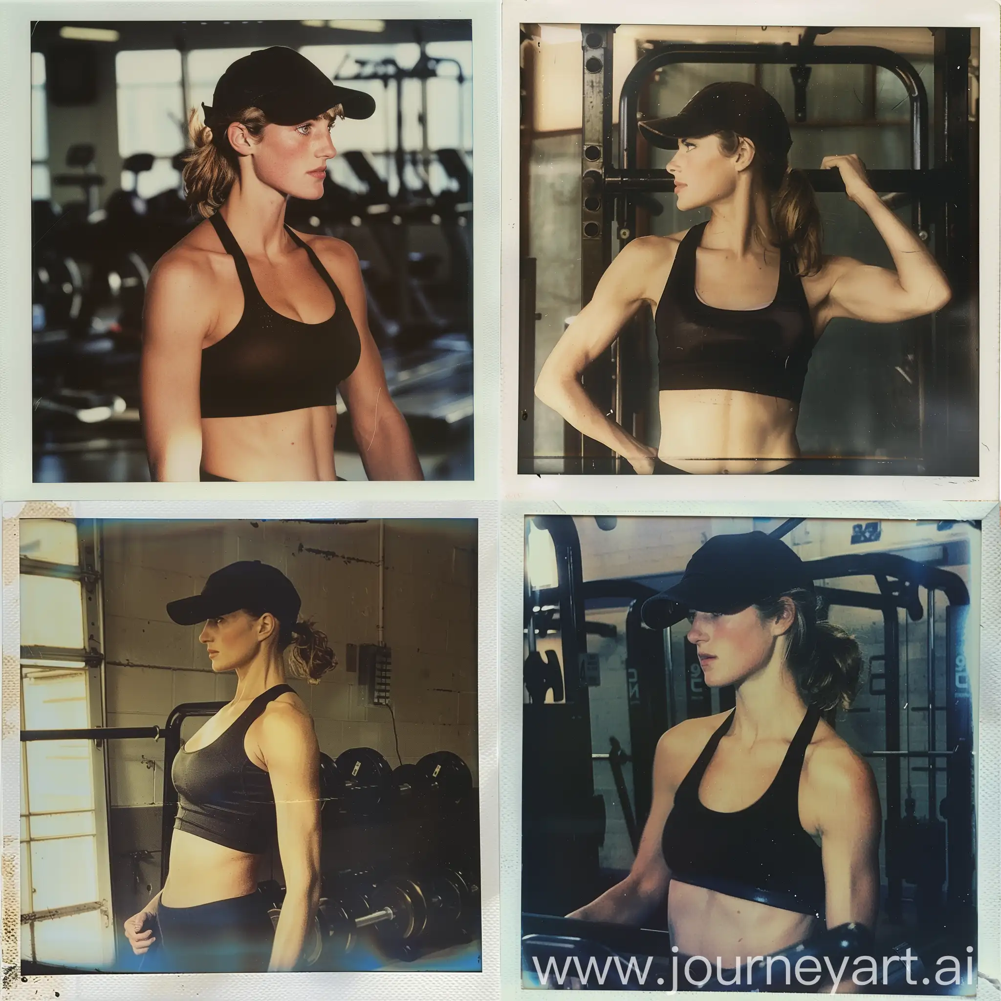 4x4 collage of Princess Diana wearing a black cap, black belly tanktop, and black leggings, while working out at a gym, 1997... flash on, vintage instant polaroid photo.