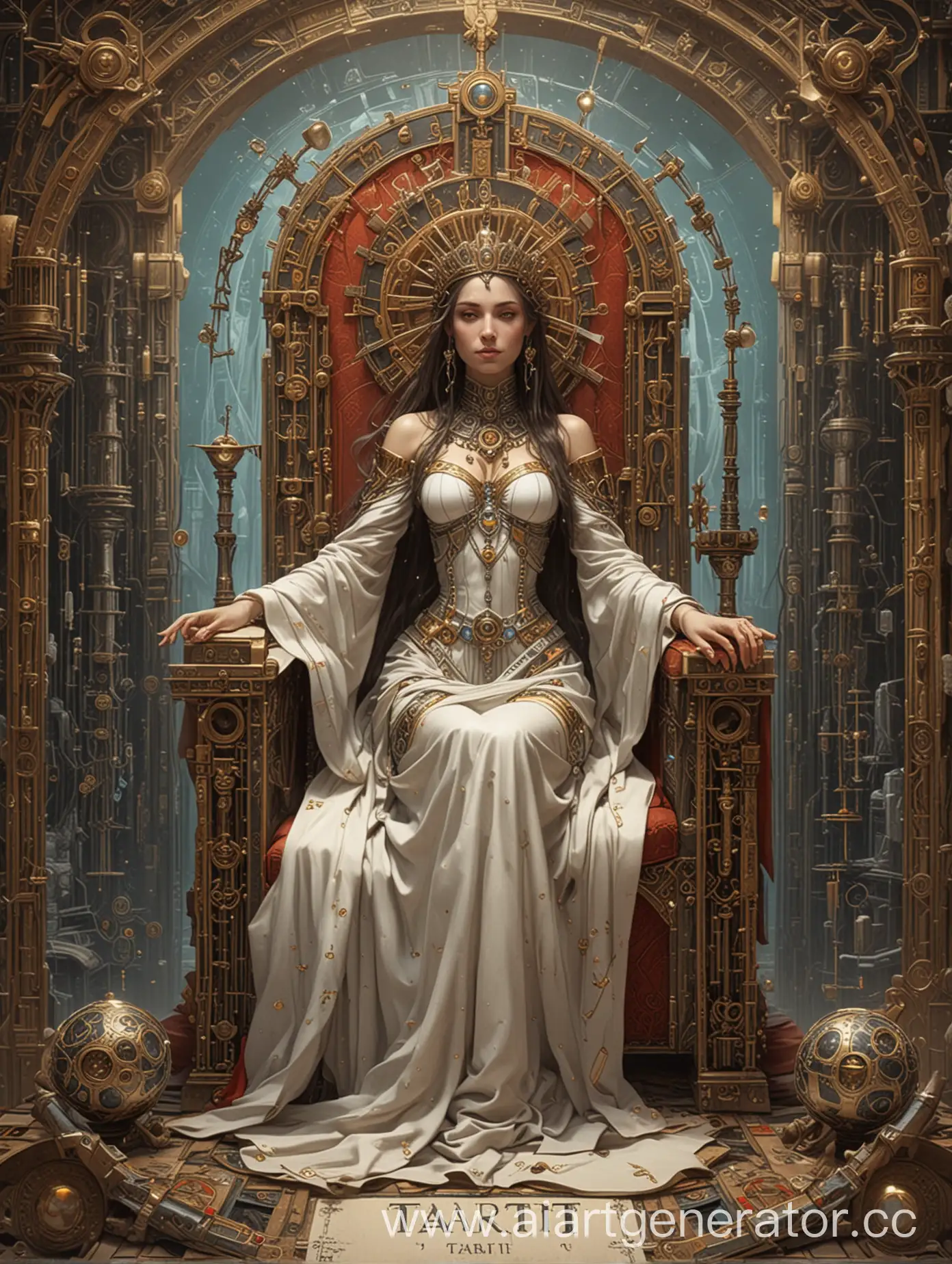 Futuristic-AI-Tarot-Arcanum-Priestess-on-Throne-with-Symbolic-Letters-and-Book