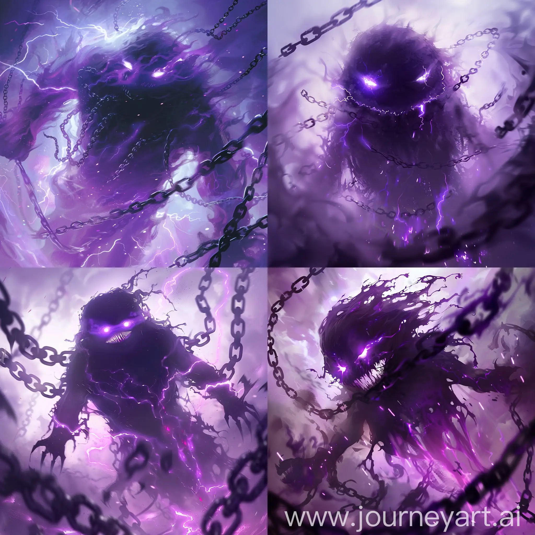 a shadow monster with purple eyes, rage eyes, without mouth, chains flying around it, everything glows with purple smoke and light