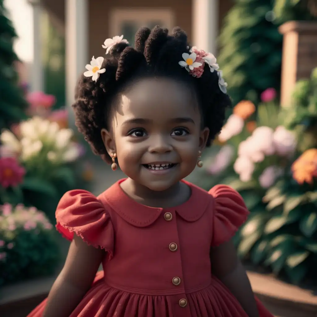 Adorable little black girl in red and with with flowers in her hair