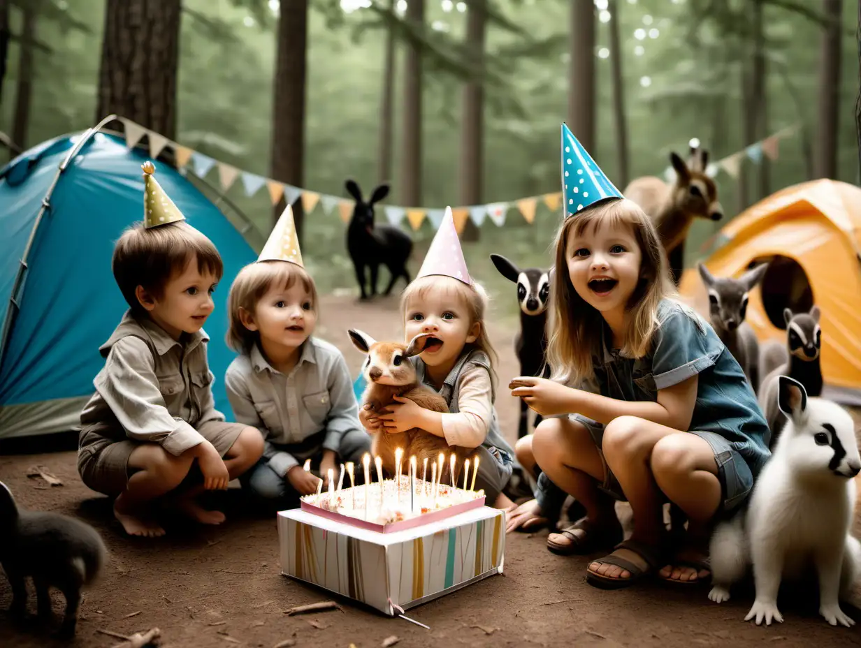 Children at a birthday party in the woods at a campsite with baby animals 
