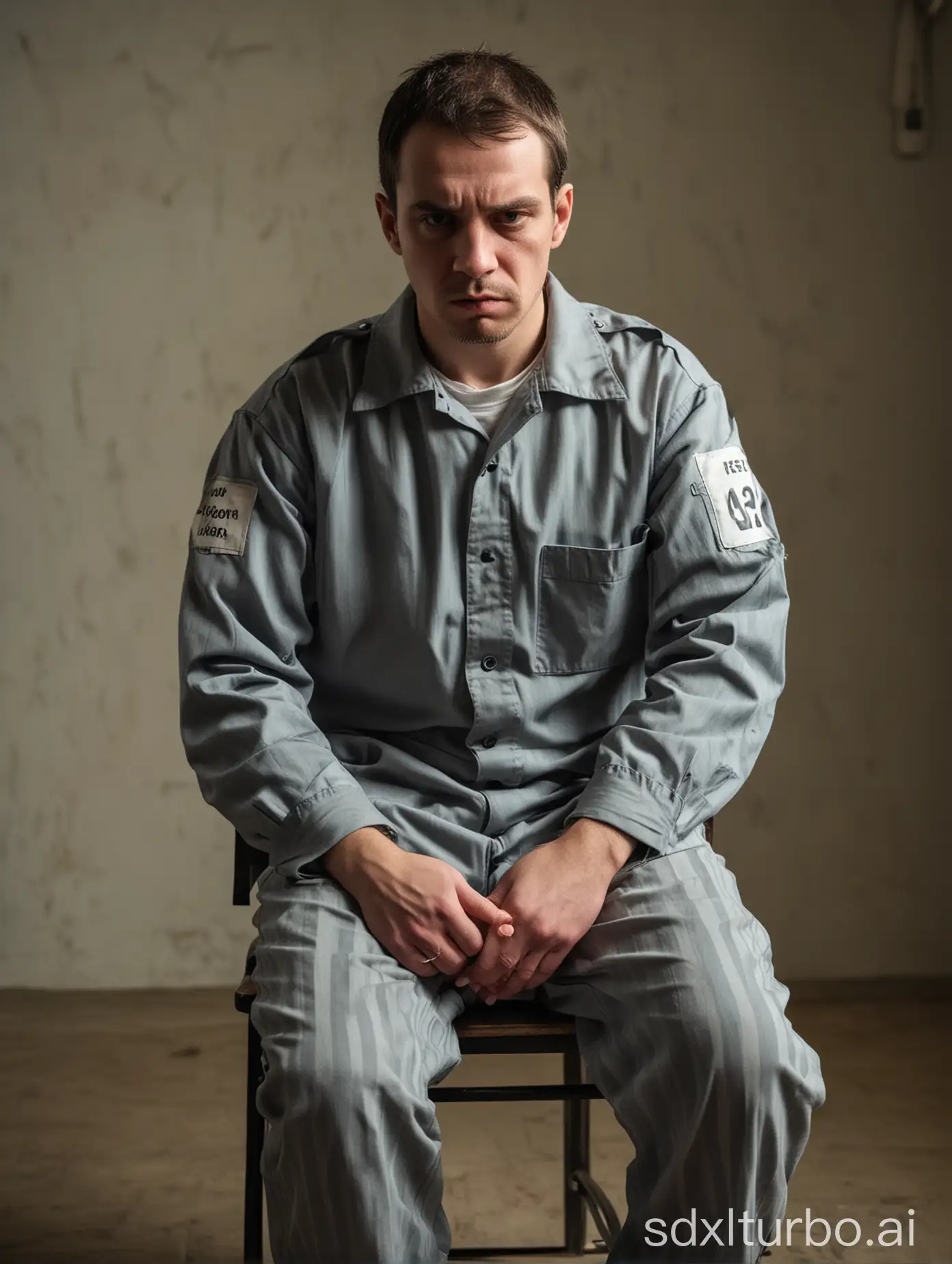 a prisoner wearing a prison uniform, handcuffed, sitting on a chair being questioned, the chair is part of a table. He is glancing sideways with a anxious expression, speaking about the situation at that time.