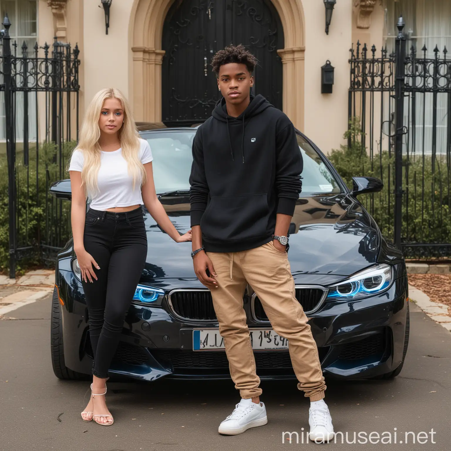 Affluent Black Teenage Male with BlondeHaired BlueEyed Girlfriend at Mansion Gate