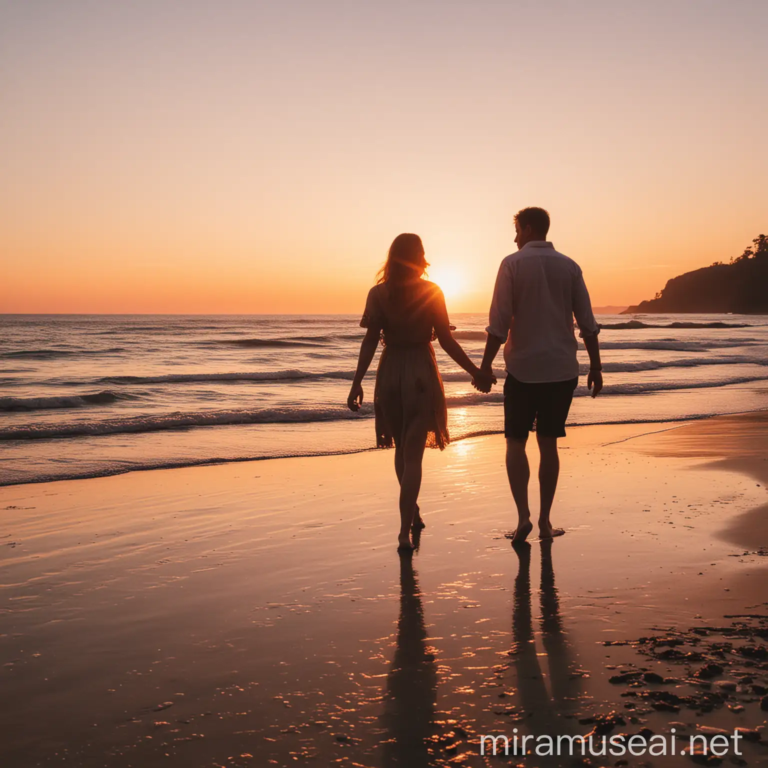 Romantic Couple Holding Hands at Sunset Beach View