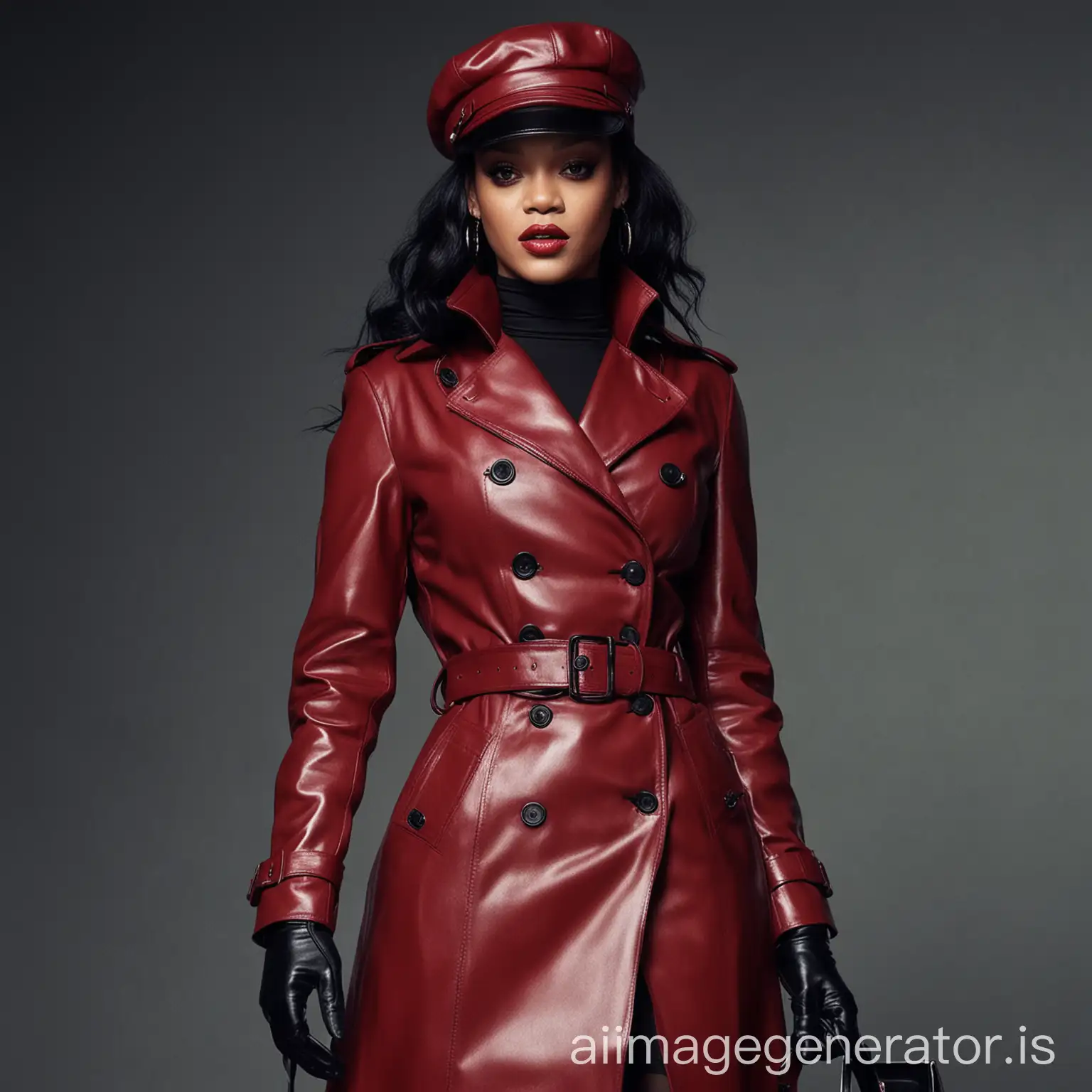 Rihanna-in-Sultry-Red-Leather-Trench-Coat-and-Black-Leather-Accessories