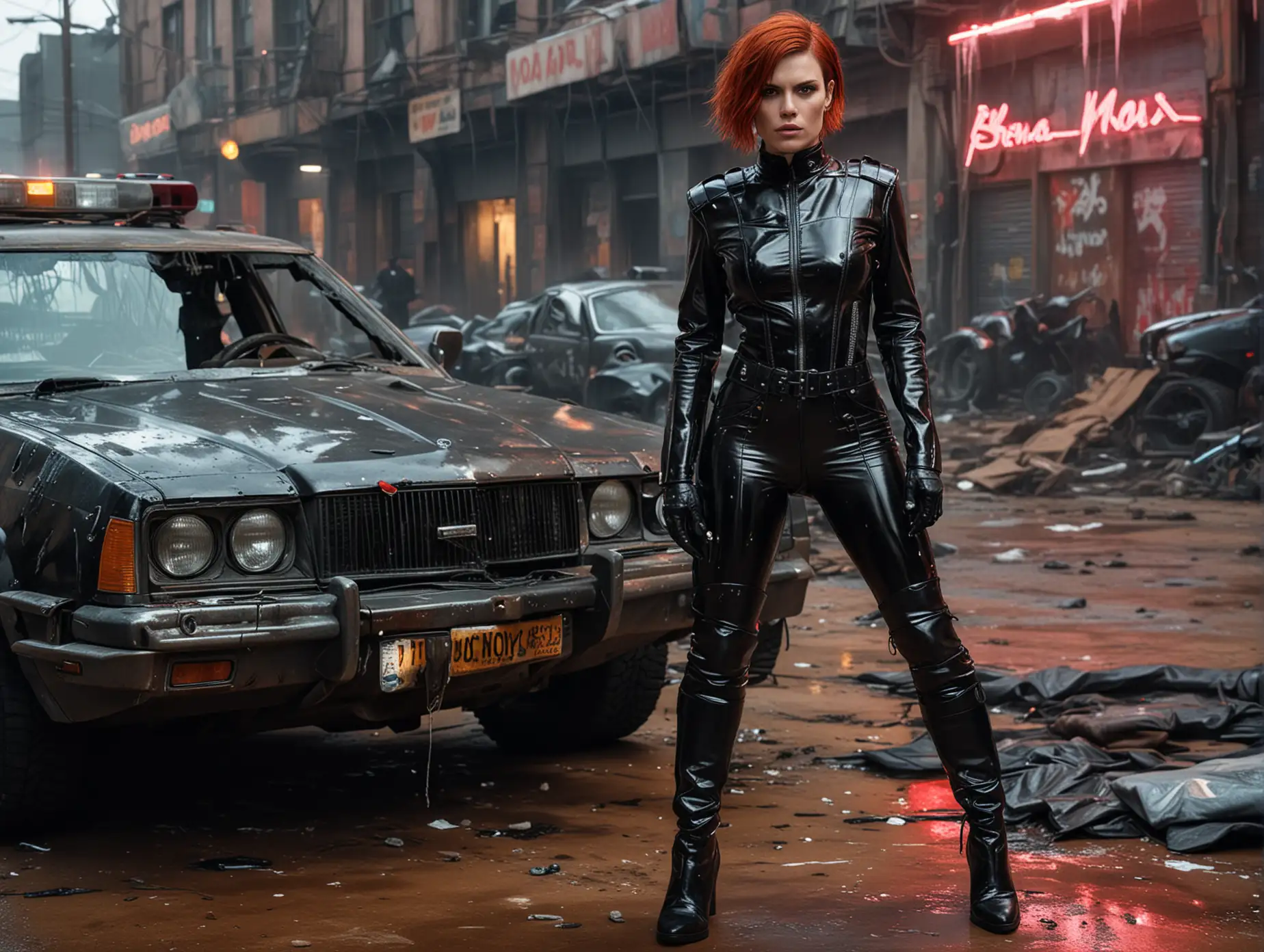 realistic photo cyberpunk police Clea Duvall with red hair and standing , wearing black low-cut shinny pvc catsuit , shinny pvc jacket , wearing long shiny pvc gloves , wearing shinny pvc thigh high boots , in destroyed cyberpunk city , next to mad max police car , inlighted with neons