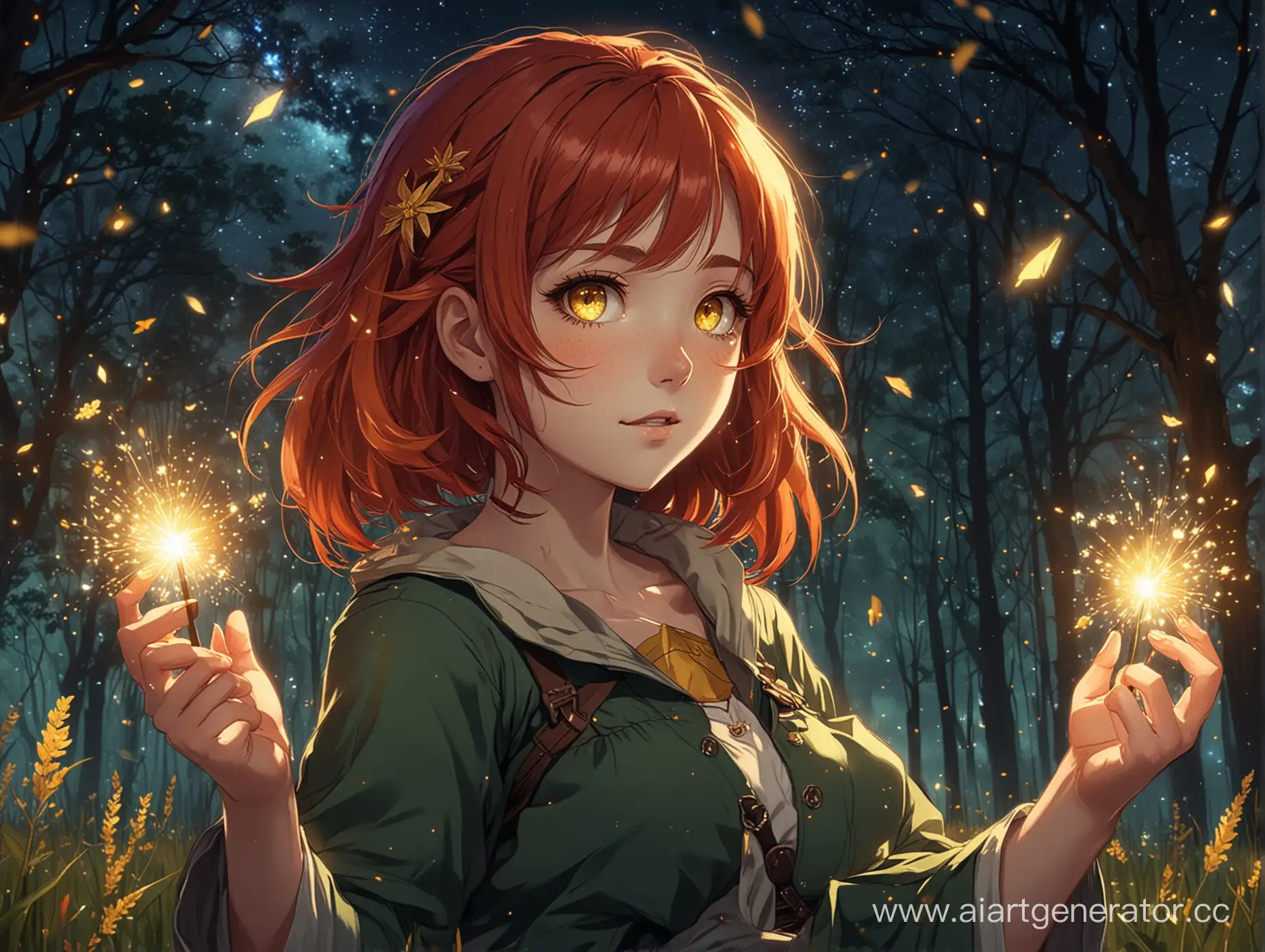 Аниме девушка с рыжими волосами и жёлтыми глазами в пионерской форме. В руках она держит огонёк ярких воспоминаний. Она смотрит вперёд, а позади неё ночное небо с огромным количеством звёзд, высокие мощные деревья и поле с сияющей изумрудной травой и светлячки