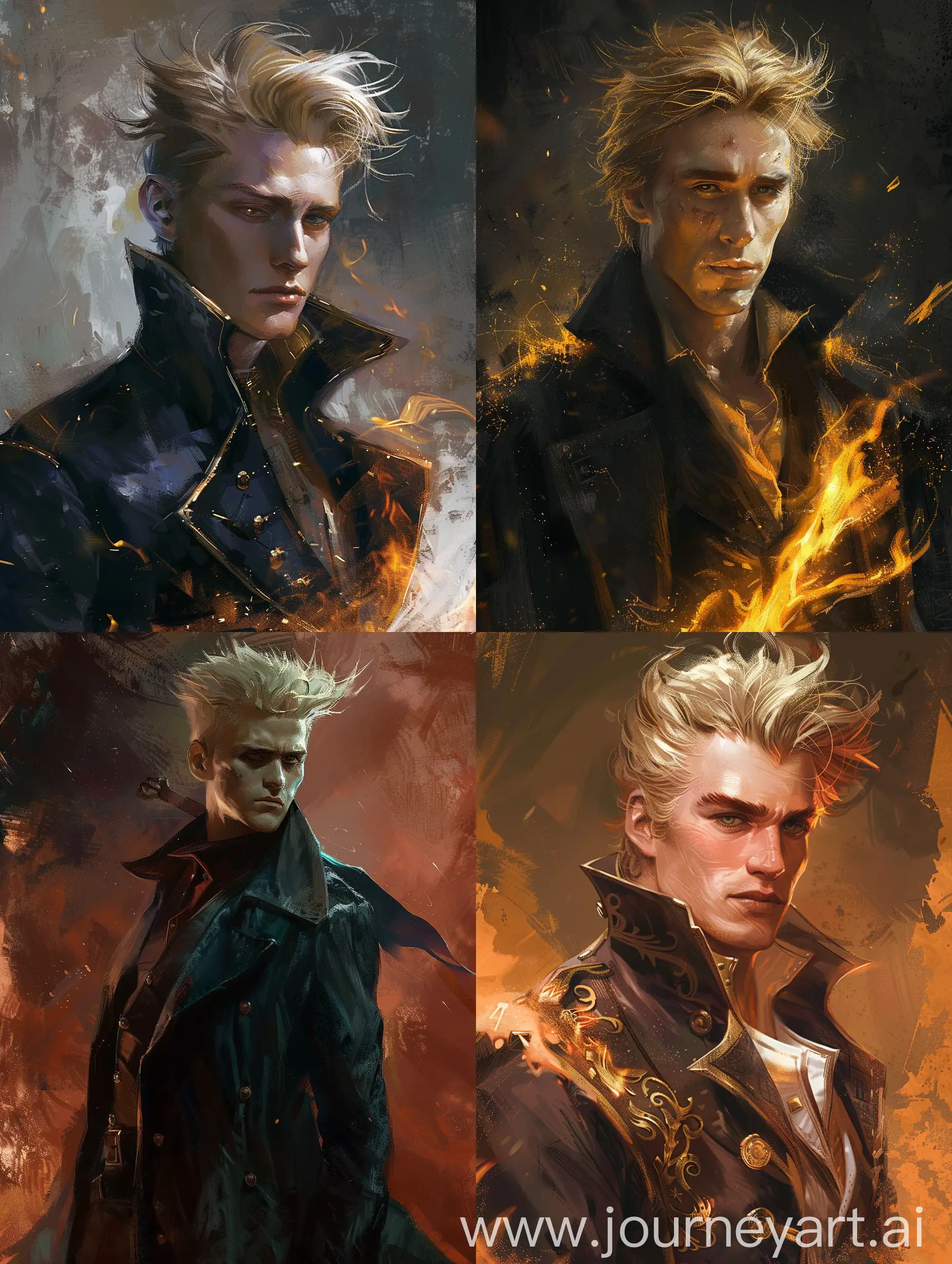 The theme and inspiration: 
• in the magical world of wizarding, where magical creatures in the universe thrive, knights, wizards, witches, and beings of science fiction exist. In this world there is a man of world breaking and dimension splitting power, his name is Gellert Grindelwald. 

Subject: he is tall, spiky blonde hair, very handsome, oozing with charisma and intellect and charm and mischief, and radiates the power of one thousand elite wizards and the fire of ten Phoenix suns. 

Waist up view of this man who tends to get mistaken for some kind of god.