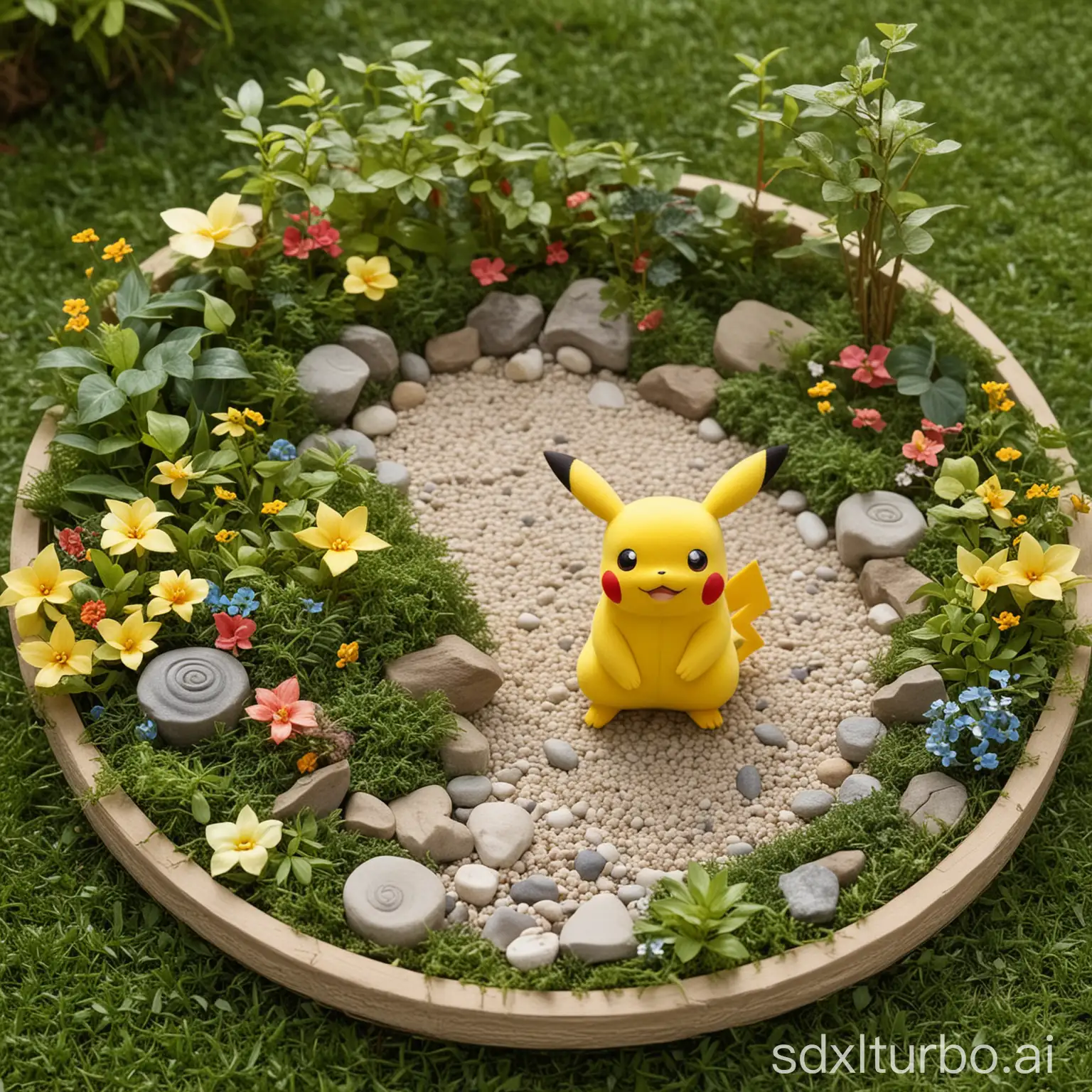 The Pokemon Pikachu in an enchanted Zen Garden