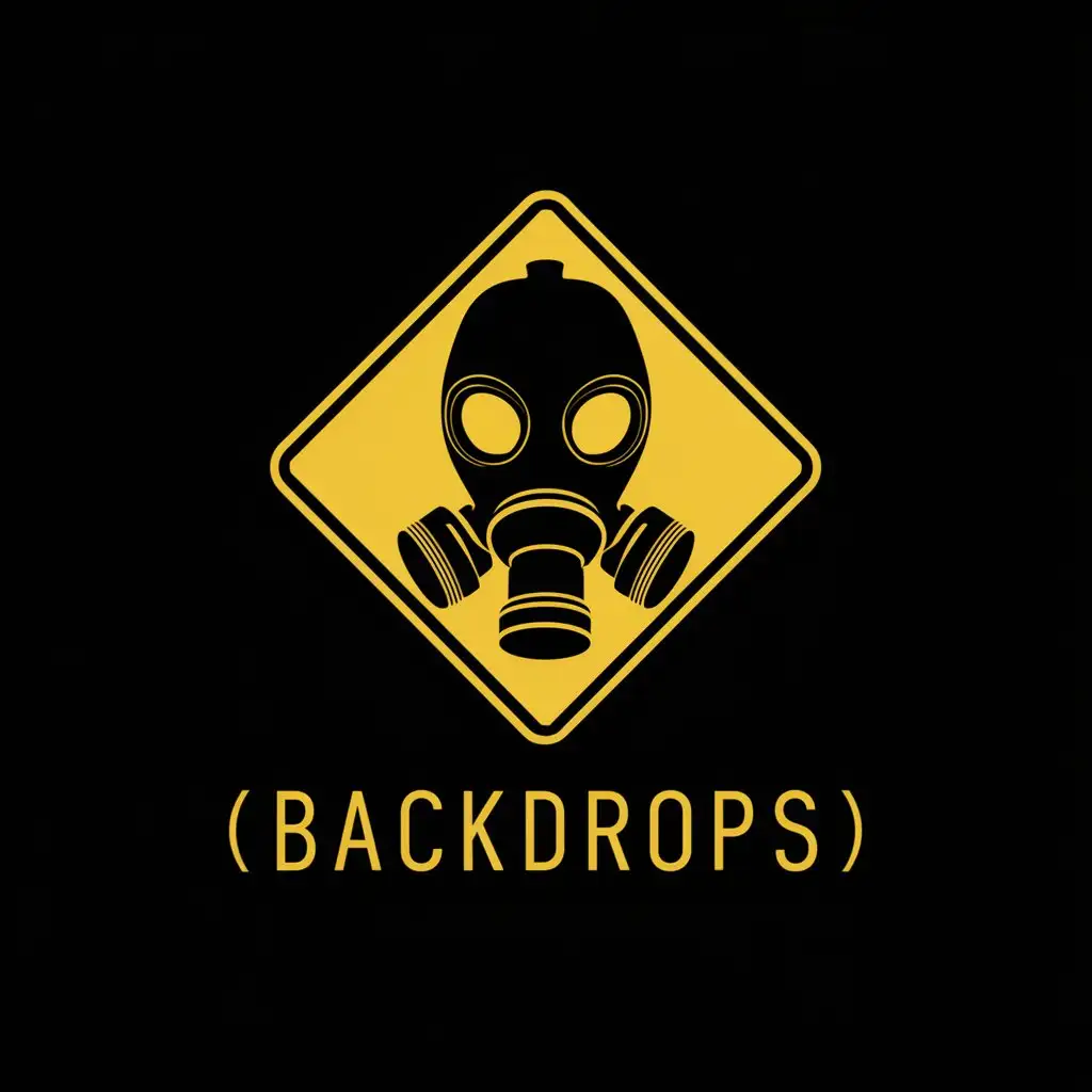 yellow gas mask warning sign with black name called (backdrops), minimalistic logo, black background, 2d