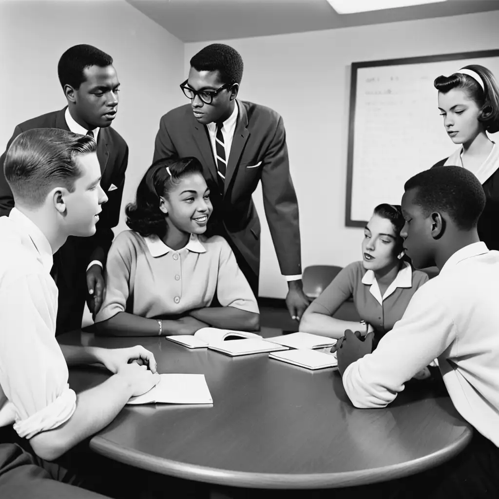 Black men  white men and  Black women and white women college students in a meeting together, 1960