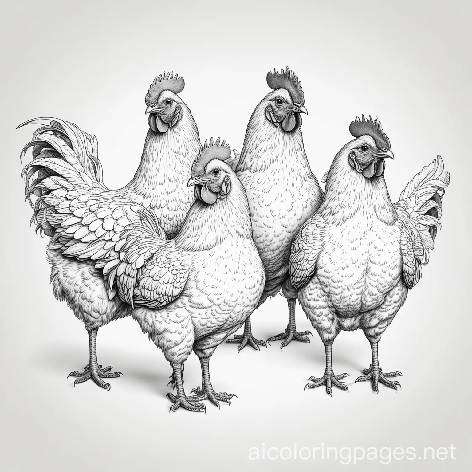 chickens, Coloring Page, black and white, line art, white background, Simplicity, Ample White Space. The background of the coloring page is plain white to make it easy for young children to color within the lines. The outlines of all the subjects are easy to distinguish, making it simple for kids to color without too much difficulty