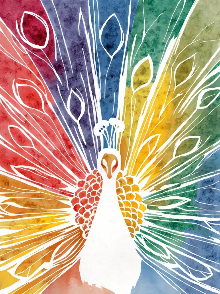 Colorful Watercolor Peacock Illustration Vibrant Artistic Bird Symbol in Red Blue Yellow and Green