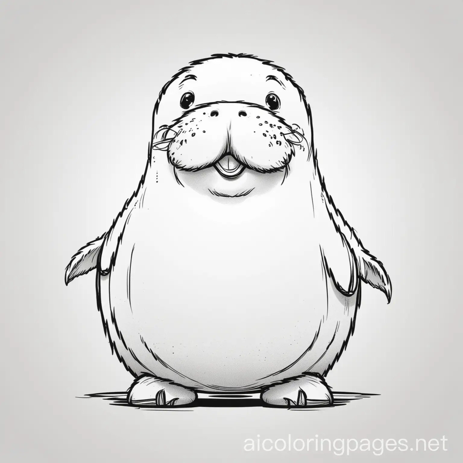 happy , funny ,white, cute, full body cartoon walrus , Coloring Page, black and white, line art, white background, Simplicity, Ample White Space