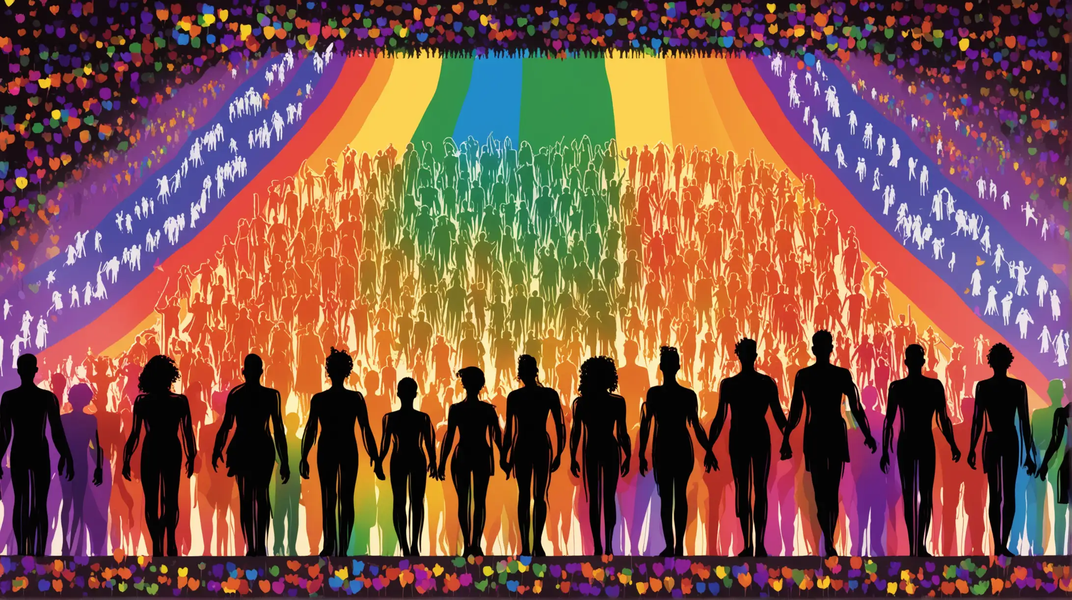 The image depicts a bustling scene reminiscent of a pride parade. In the foreground, silhouettes of diverse individuals stand proudly, their outlines illuminated against the vibrant background. Each silhouette represents a different identity, celebrating the rich tapestry of the LGBTQ+ community.

Fluttering above them are several flags, each symbolizing various aspects of pride. The rainbow flag, a timeless emblem of LGBTQ+ equality and inclusivity, unfurls proudly at the forefront. Adjacent to it, other flags representing different identities within the community, such as the bisexual, transgender, pansexual, and asexual flags, add a colorful array to the composition.

In the background, the atmosphere is electric with energy, as vibrant hues of pink, blue, purple, and beyond blend seamlessly together, creating an ambiance of celebration and unity. Confetti and streamers dance in the air, reflecting the joyous spirit of the occasion.

Overall, the image captures the essence of pride – a joyous celebration of diversity, acceptance, and love.