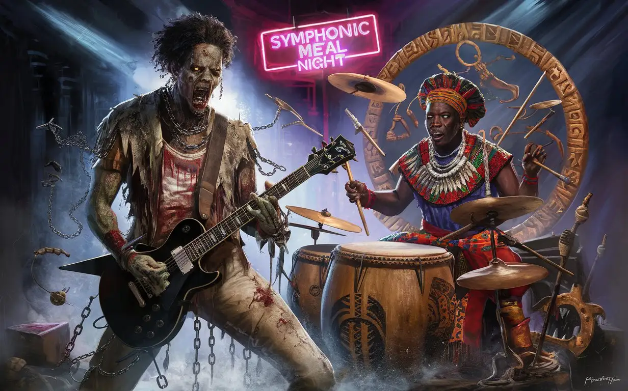 зомби афроамериканец и африканский колдун играют симфонический метал