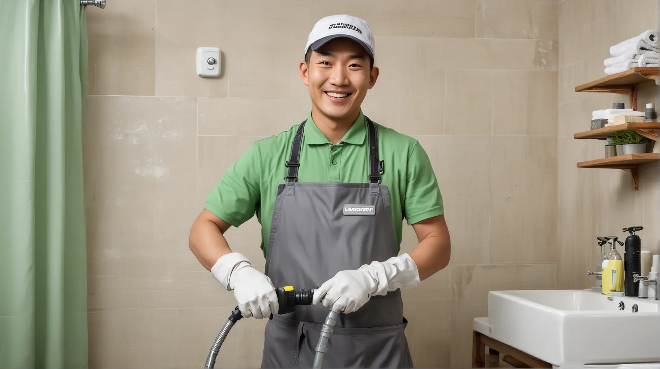 Smiling Chinese Male Butler Cleaning Water Heater with Karcher Steam Cleaner in Bathroom