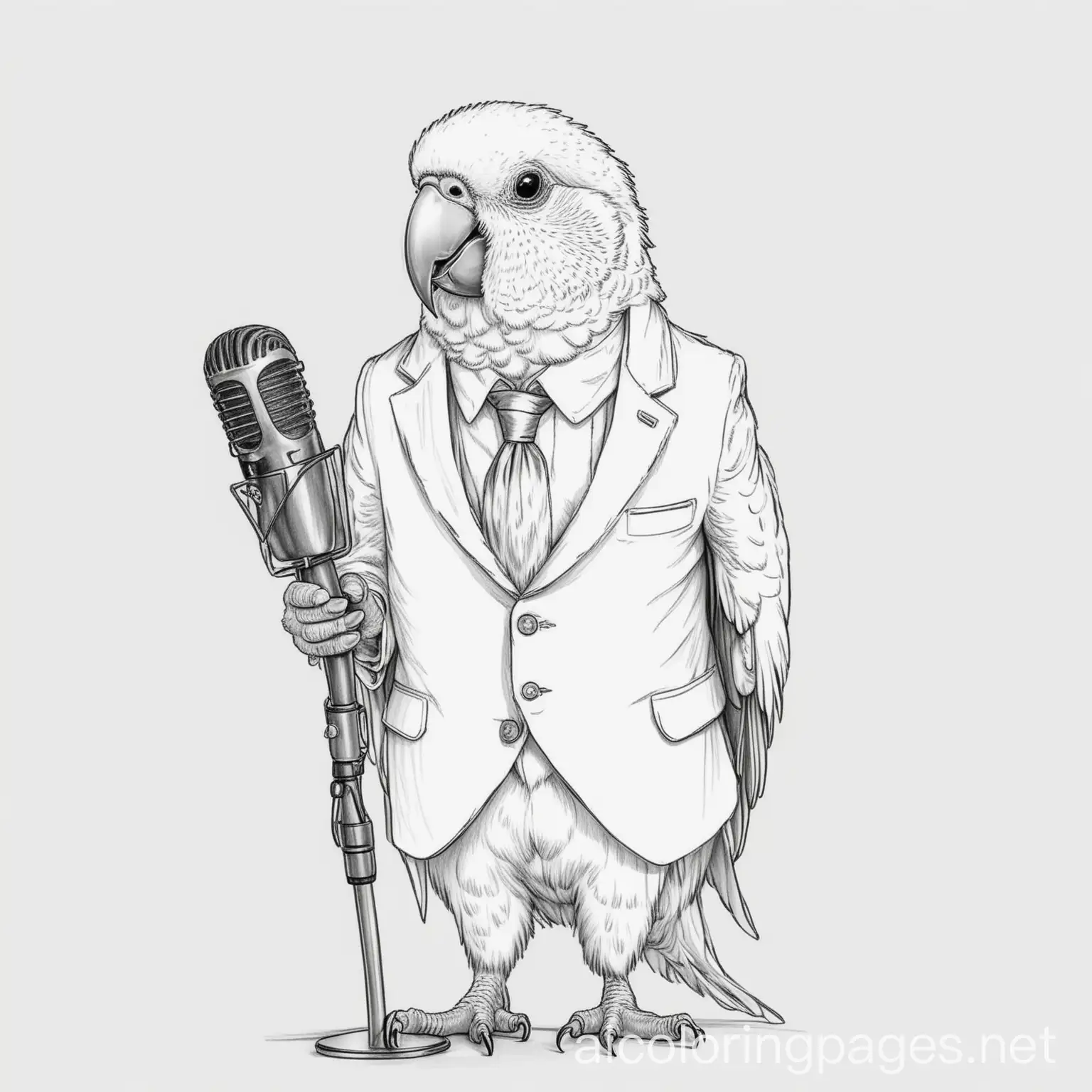 Parakeet in a suit singing with a mic stand, Coloring Page, black and white, line art, white background, Simplicity, Ample White Space. The background of the coloring page is plain white to make it easy for young children to color within the lines. The outlines of all the subjects are easy to distinguish, making it simple for kids to color without too much difficulty