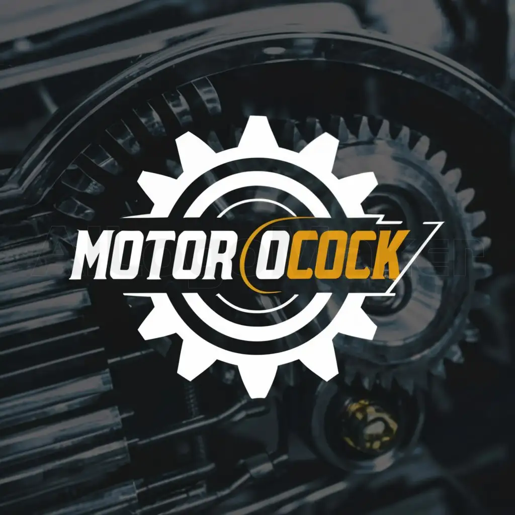a logo design,with the text "Motor O'clock", main symbol:a gear with lightning bolt and  with vehicle headlights on position,complex,be used in Others industry,clear background