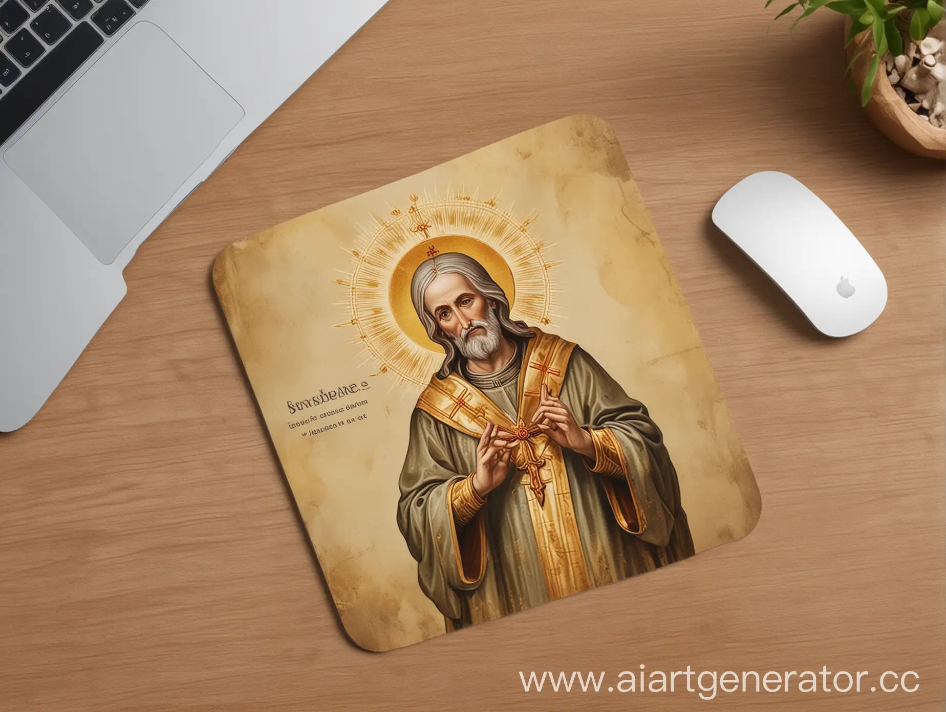 Дизайн карточки товара для коврика для мыши, цвет коврика мыши это изображение святого, как в храме, рядом золотая рука и macBook, можно добавить надпись "КОВРИК ДЛЯ МЫШИ".