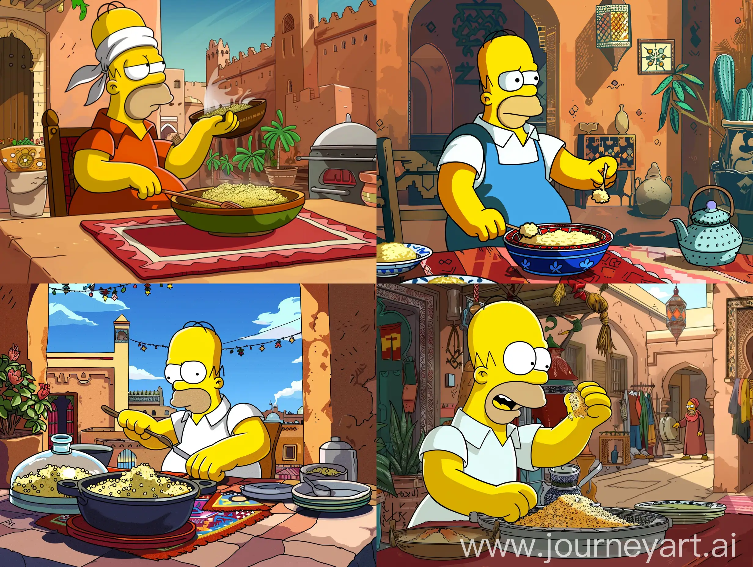 simpson style, homer simpson in morocco eating couscous 