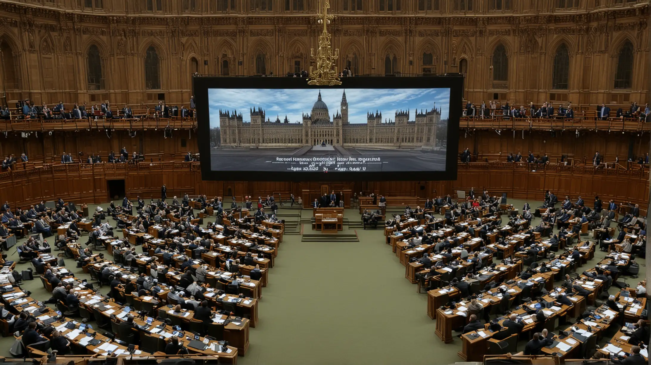 Präsentation auf einem Bildschirm in einem Parlamentssaal