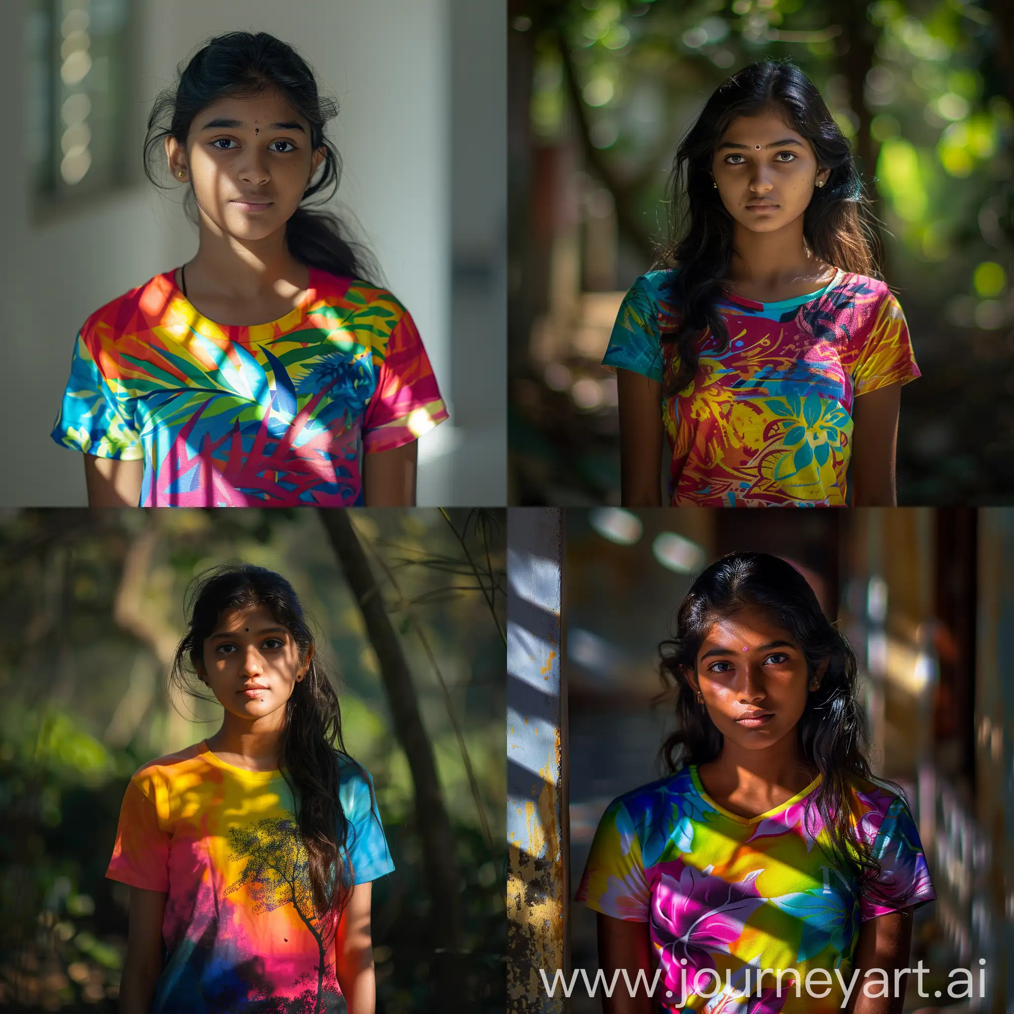 a very beautiful malayali 18 year old girl who is very attractive to the eye and mind wearing a colorful t shirt, high definition, hd, hdr, 4k resolution, majestic shadow play, eye level, bokeh, highly detailed, best quality, RAW photo, full body shot, professional photography, bokeh, natural lighting, Canon lens, shot on a 64-megapixel DSLR camera, sharp focus, waist shot, half body shot.