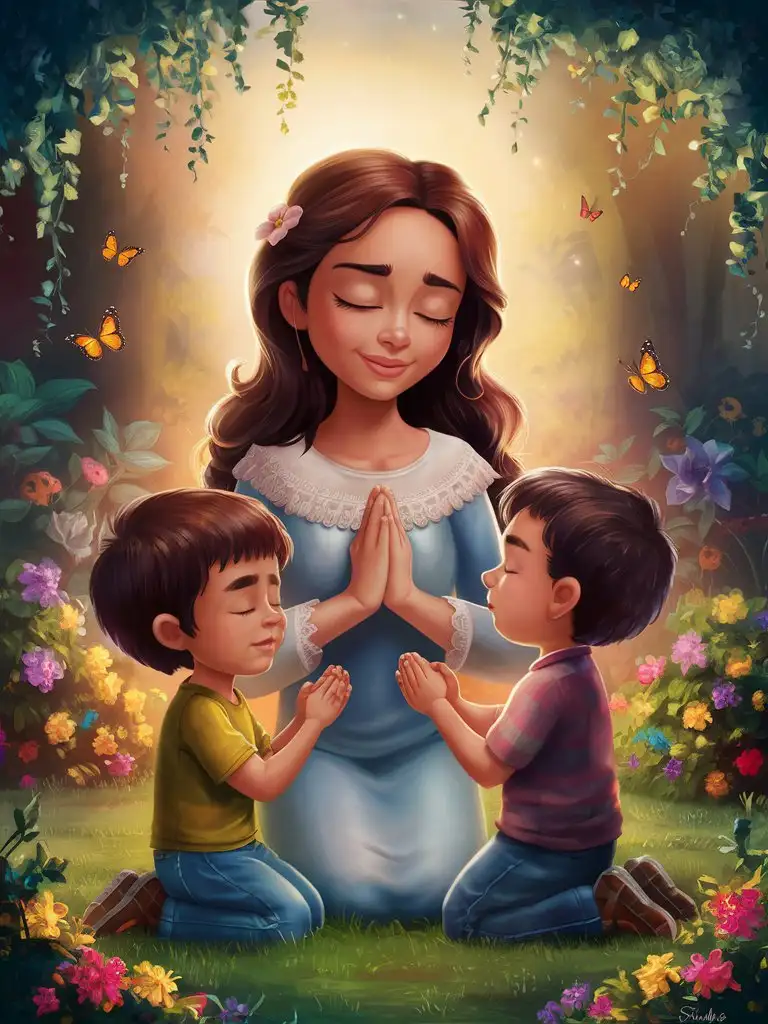 Latina-Mother-and-Kids-Praying-in-Tranquil-Garden-with-Colorful-Flowers-and-Butterflies