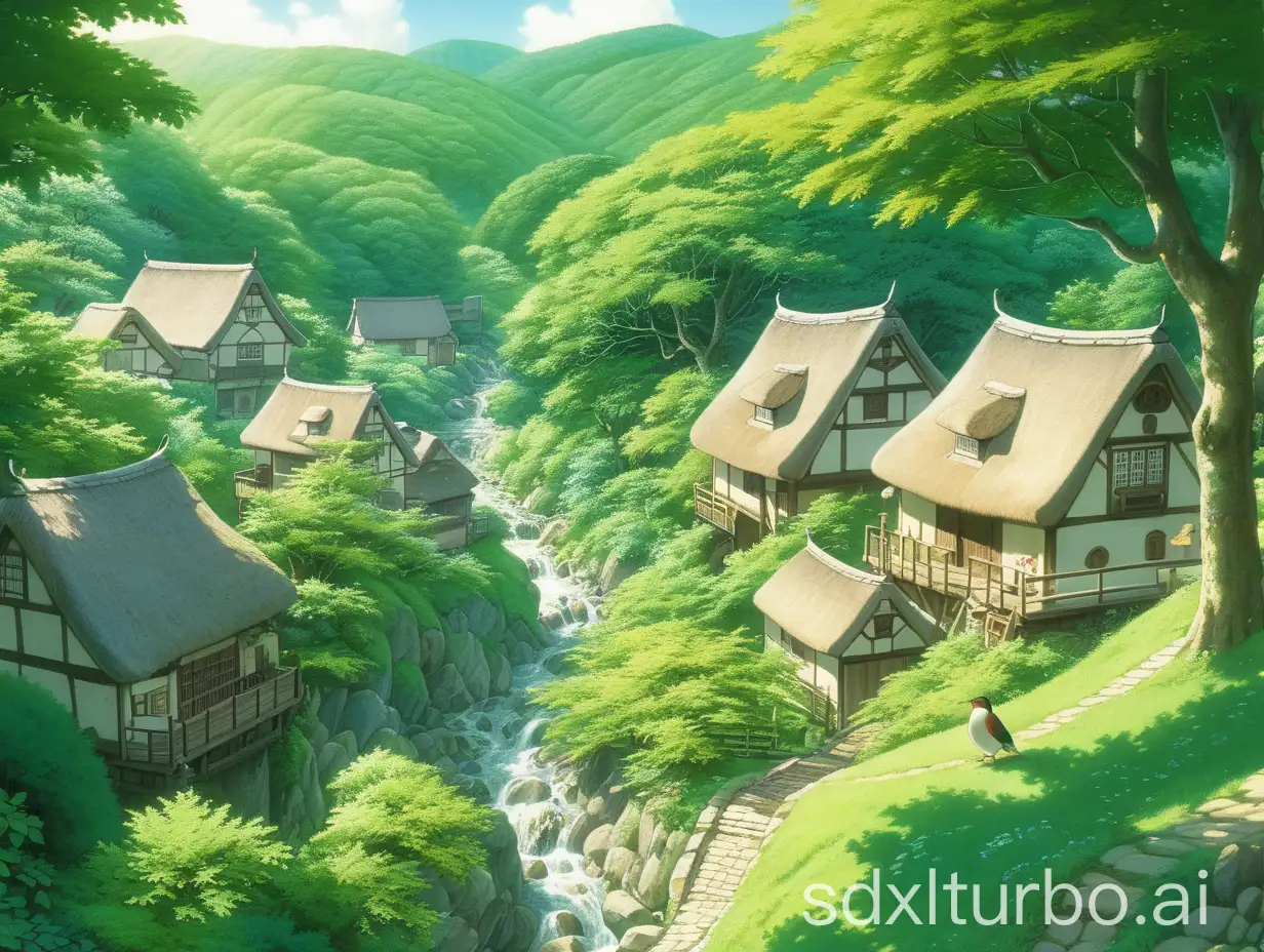 The camera slowly pushes forward, sunlight filtering through layers of lush green treetops, sprinkling onto a tranquil little village. The village is surrounded by verdant vegetation, a babbling brook flowing by, and the birdsong echoing in the air. Miyazaki style!