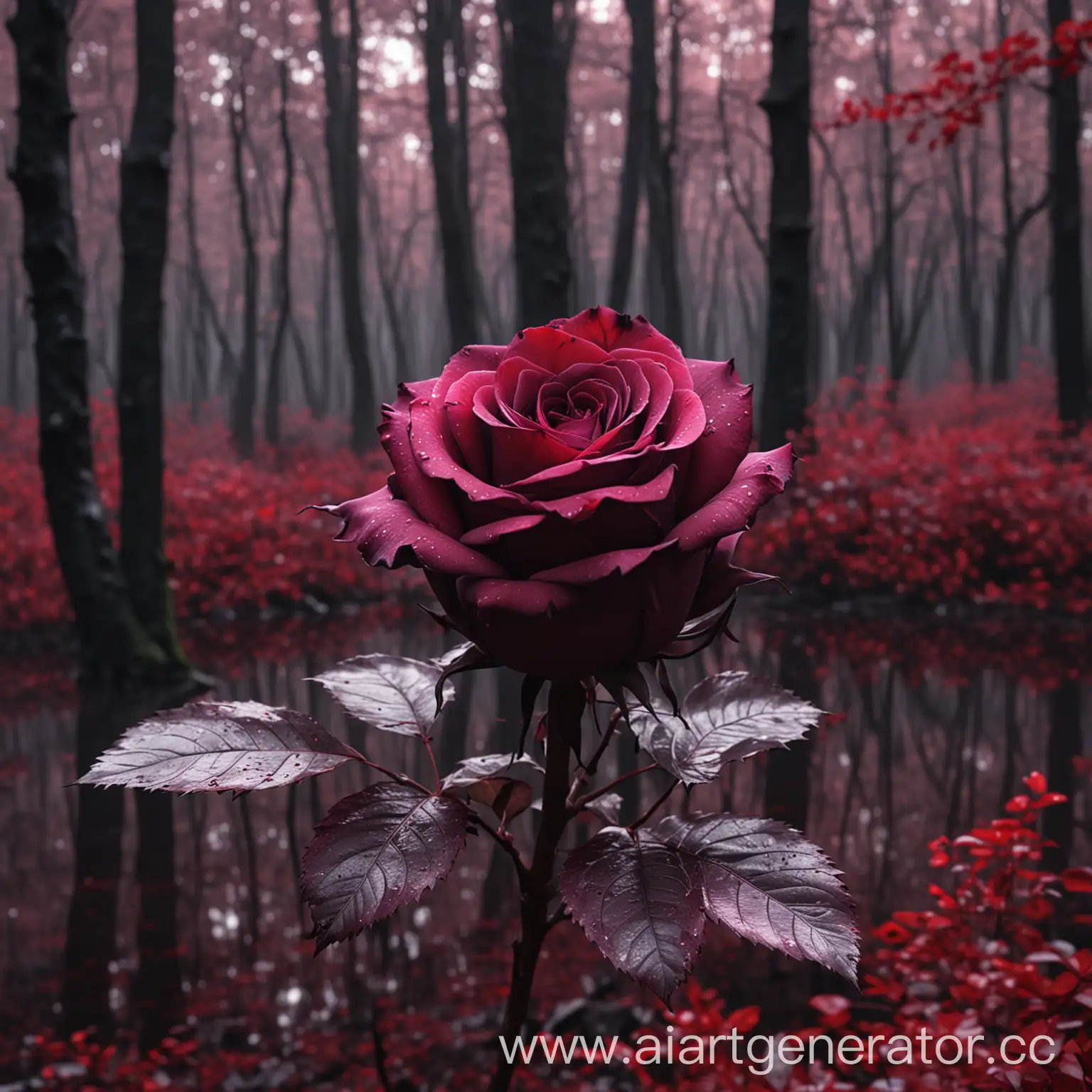 роза темного багрового чёрно лилового цвета с отблеском темно пепельного цвета, на фоне багрового леса, 4k