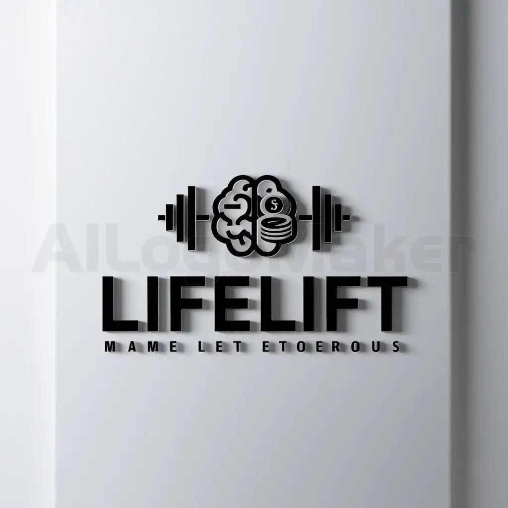 a logo design,with the text "Lifelift", main symbol:gym, dinero y cerebro,Minimalistic,clear background