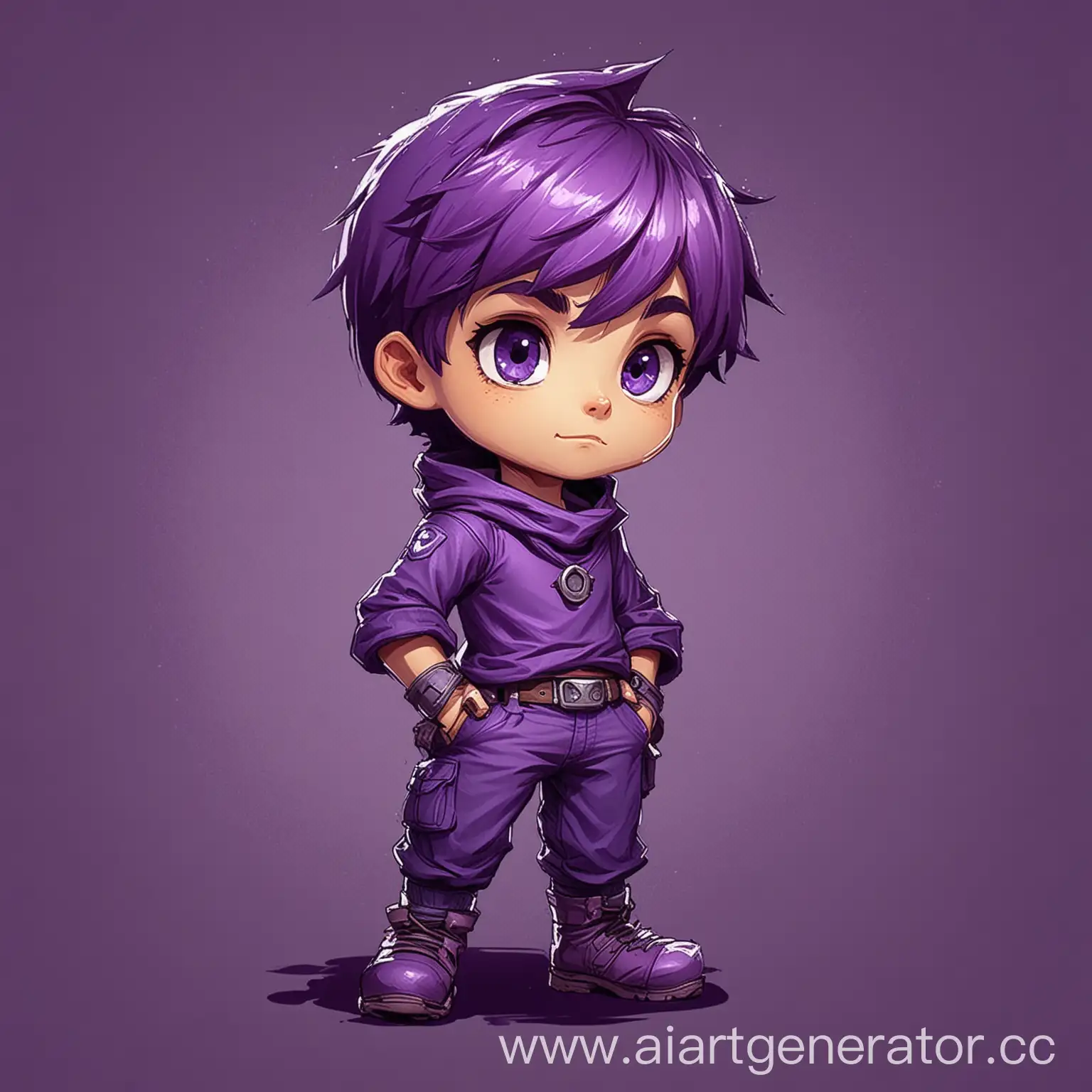 Нарисуй игрового персонажа-мальчика и на фоне игровой фон в фиолетовых цветах

