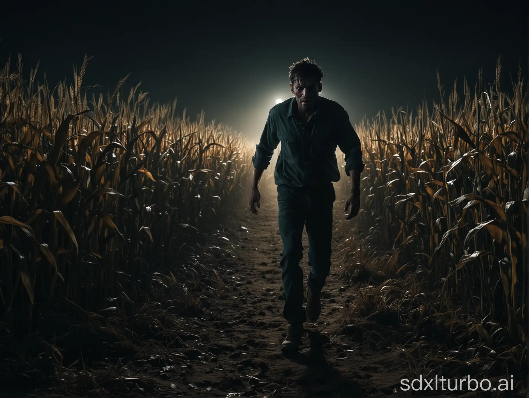 Create a square, 1:1 aspect ratio, high definition, image of a true scary cornfield story. The image must be photorealistic, scary, show a worried man running at night in a cornfield, chased, dimly lit, scared man, terrified man, wide eyes, afraid man, alone, only person, running away, escaping, high action, thrilling, vivid colors, night time, very vibrant, cinematic, catchy, must pop and catch attention, wide shot. Not a monster, no monstrous faces, no blood, no gore, no horror.