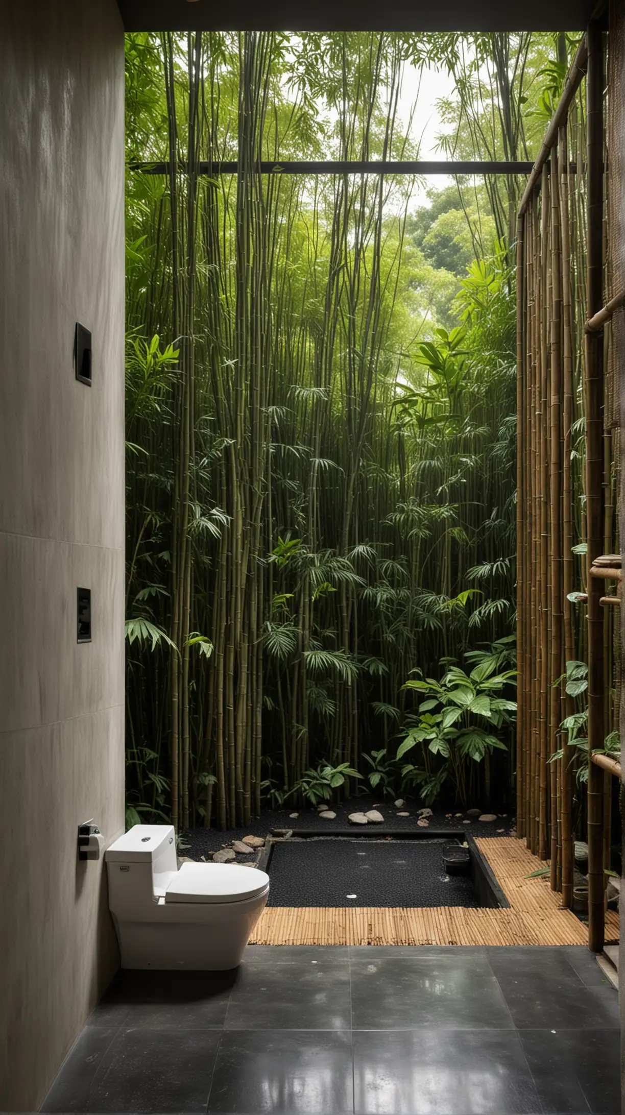 Flush toilet Surrounded by the nature of a tropical rainforest, bamboo screens, black gravel floors, open views of the sky, soft sunlight in the afternoon atmosphere.